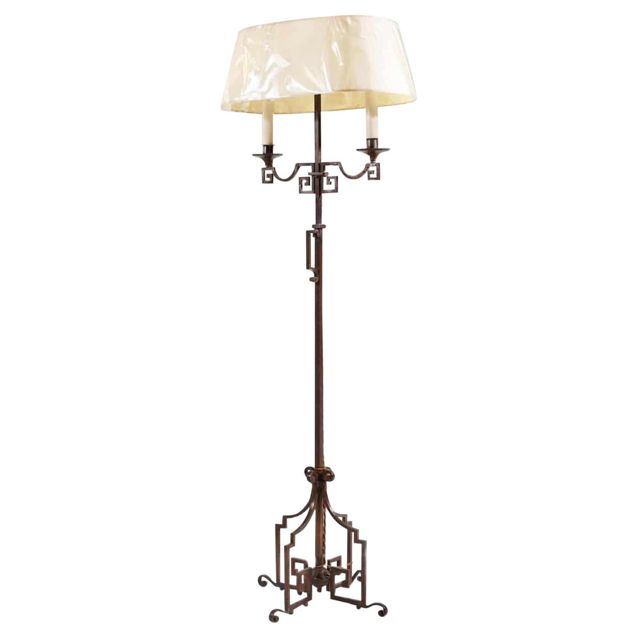 French Patinated Steel Floor Standing Bouillotte Lamp Attributed Jansen