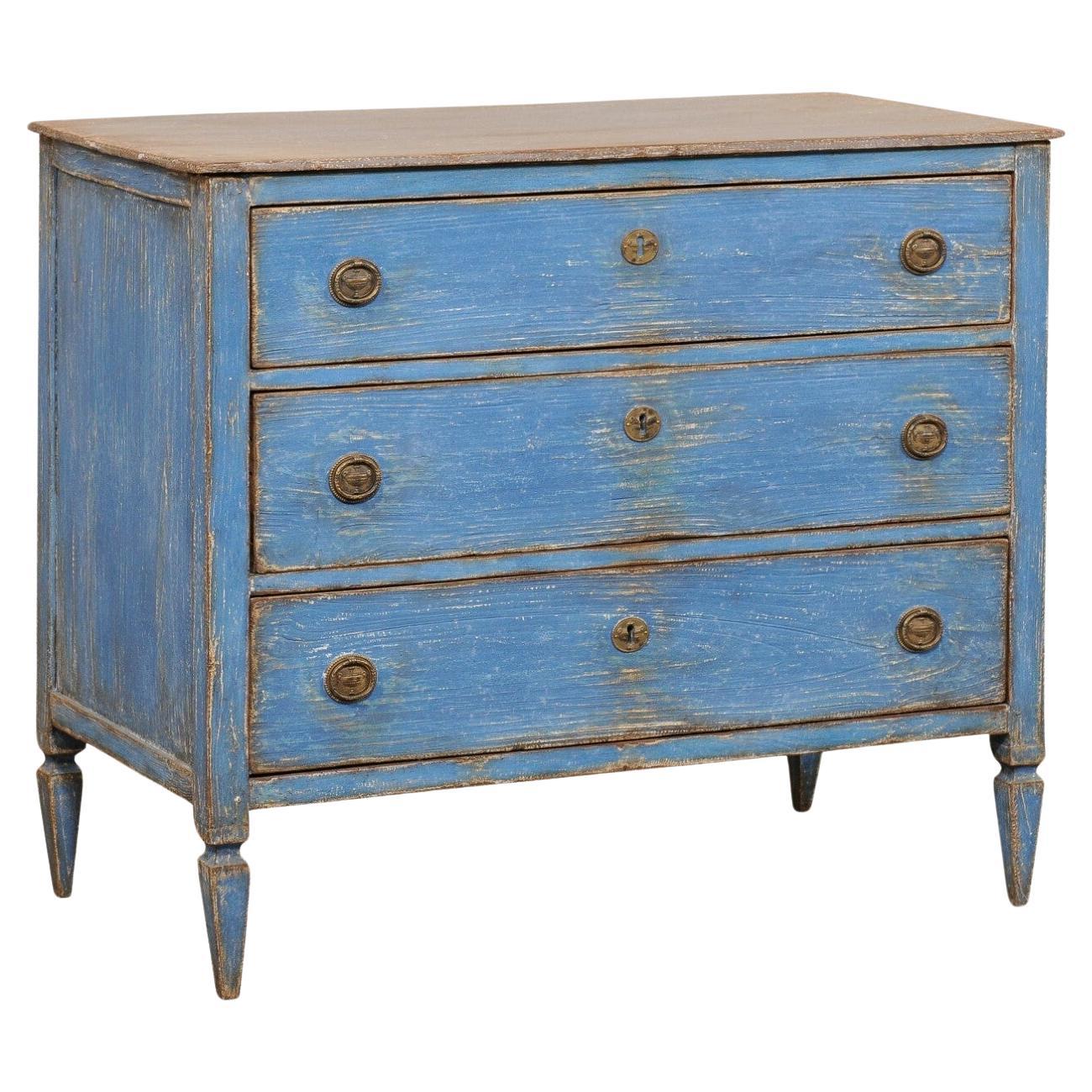 French Early 20th C. Wooden 3-Drawer Chest in Blue For Sale