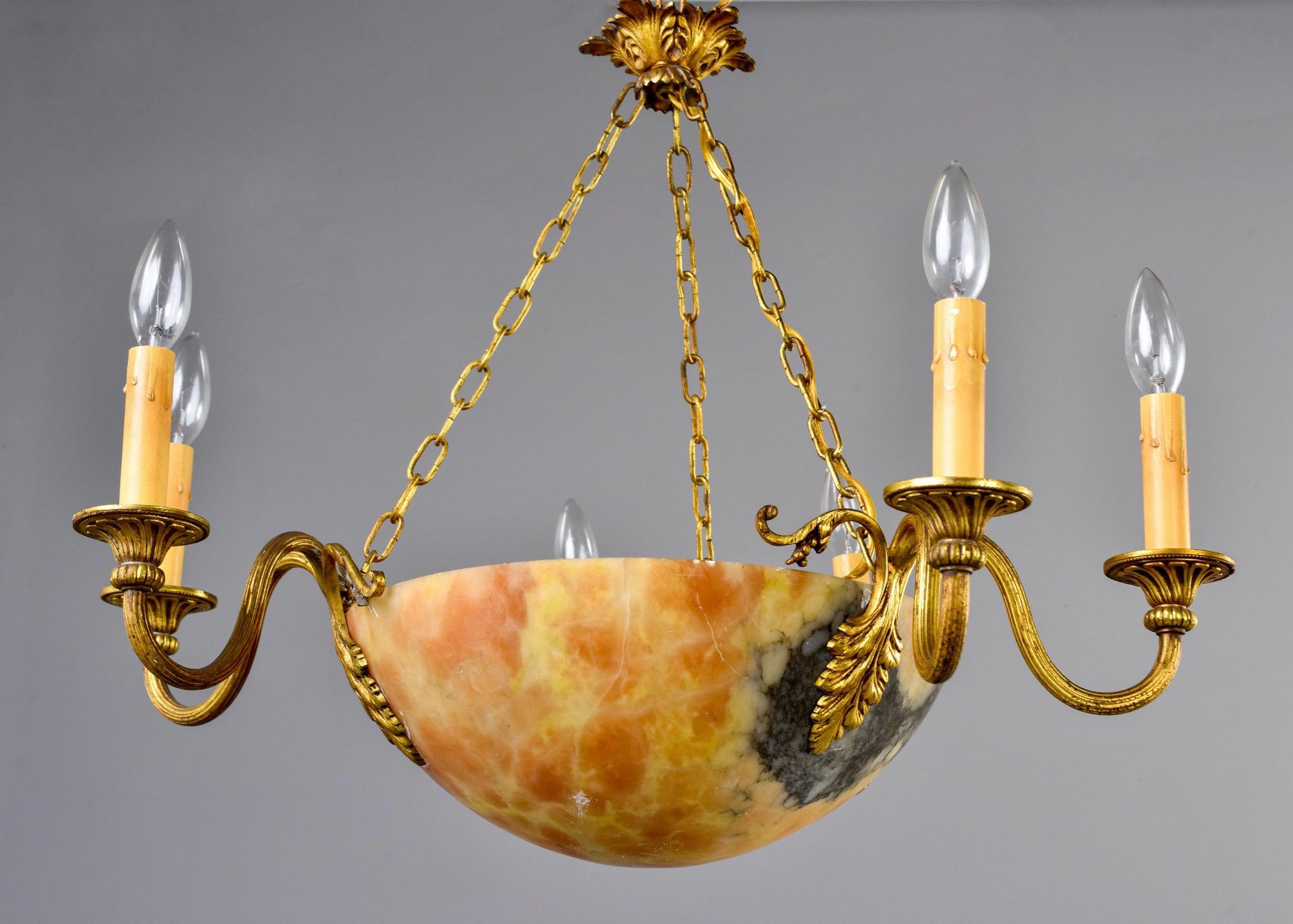 French Early 20th Century Alabaster and Brass Chandelier 6