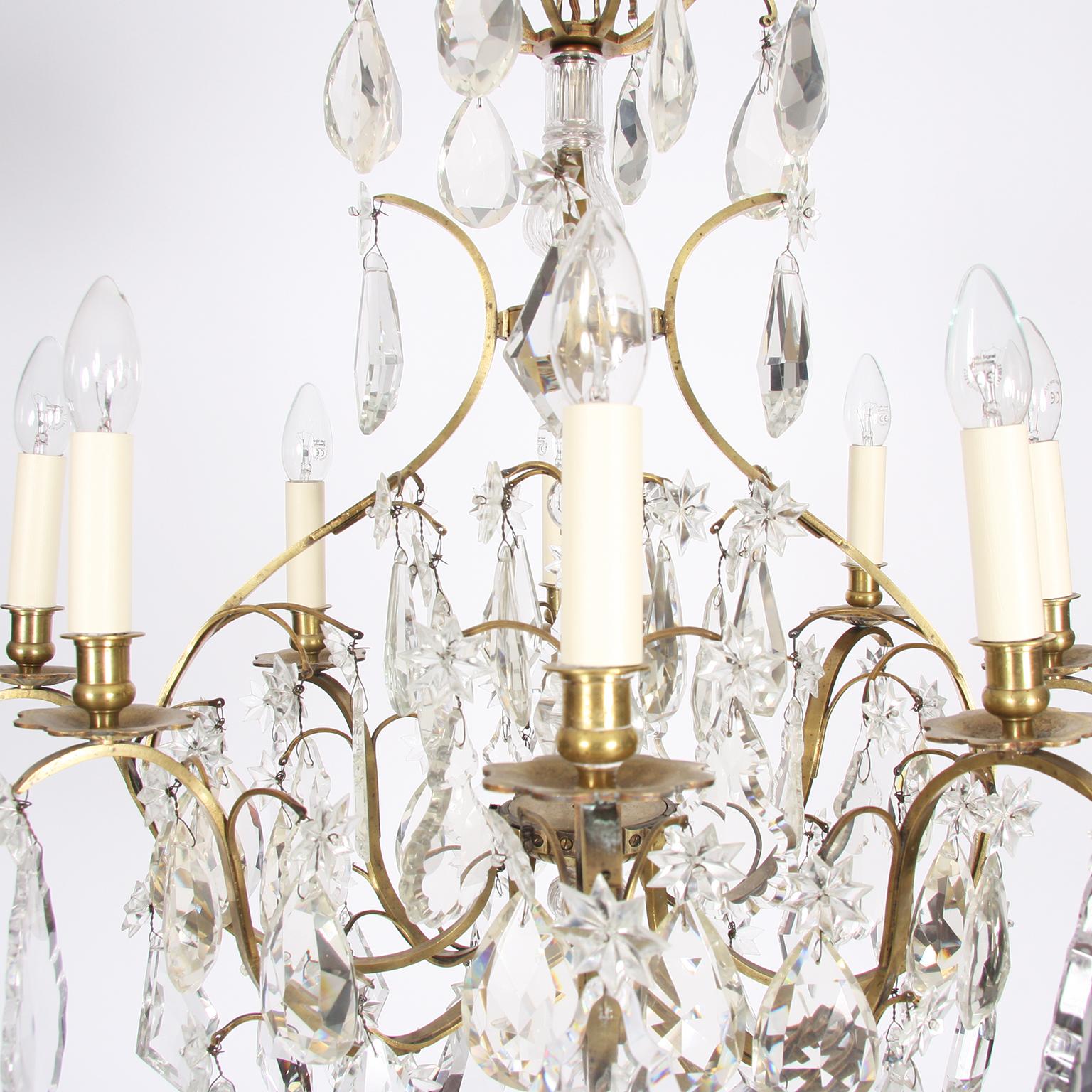 Brass French Early 20th Century Antique Crystal Chandelier with Drops and Stars