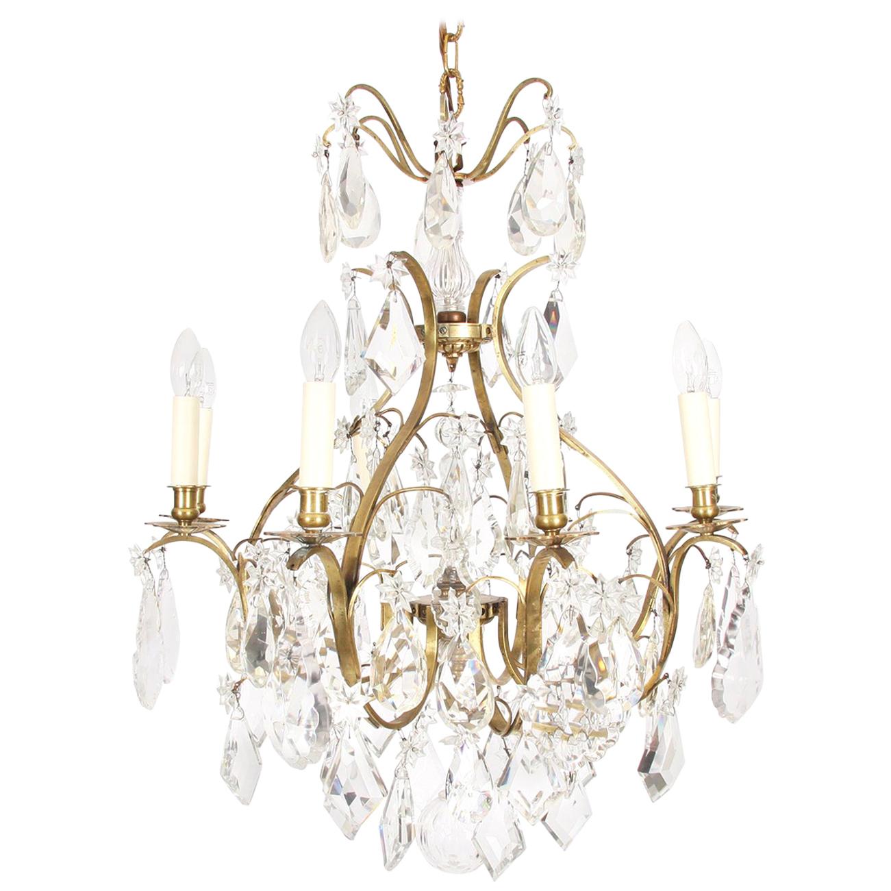 French Early 20th Century Antique Crystal Chandelier with Drops and Stars