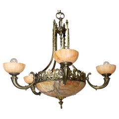 French Early 20th Century Art Deco Bronze & Carved Alabaster 5-Light Chandelier