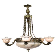 French Early 20th Century Art Deco Bronze & Carved Alabaster 5-Light Chandelier