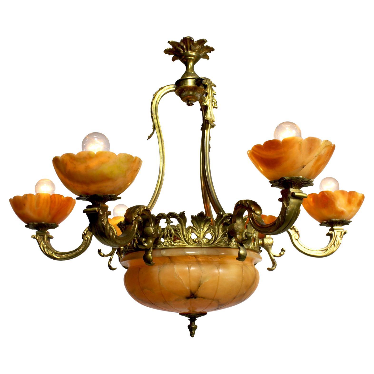 French Early 20th Century Art Deco Bronze & Carved Veined Alabaster Chandelier