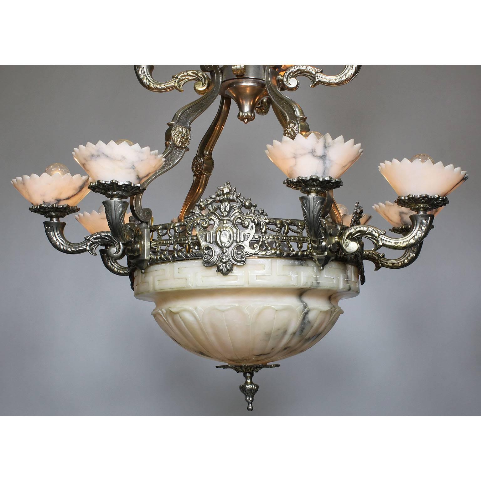 Art Deco Early 20th Century Art-Deco Silvered Bronze & Alabaster Two-Tier Chandelier For Sale