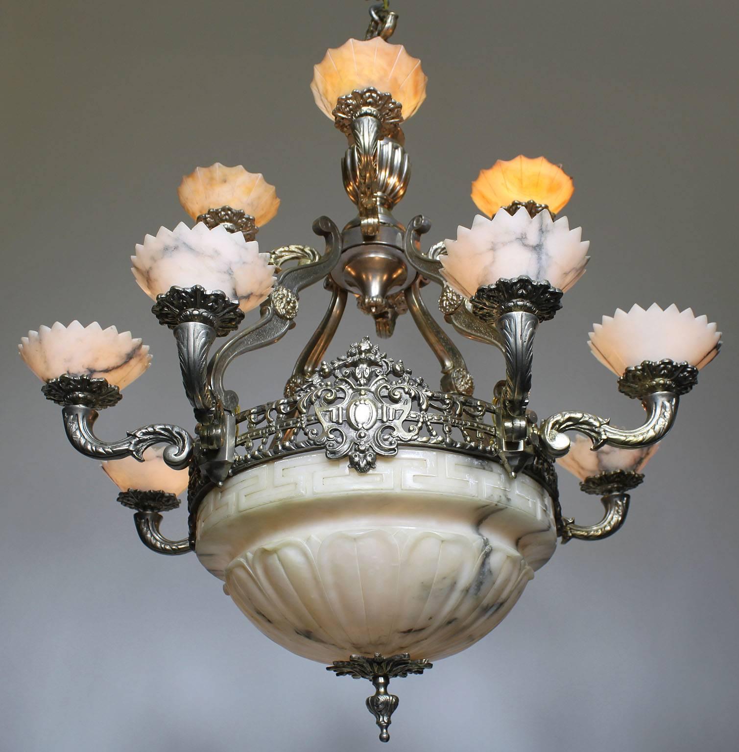 French Early 20th Century Art-Deco Silvered Bronze & Alabaster Two-Tier Chandelier For Sale