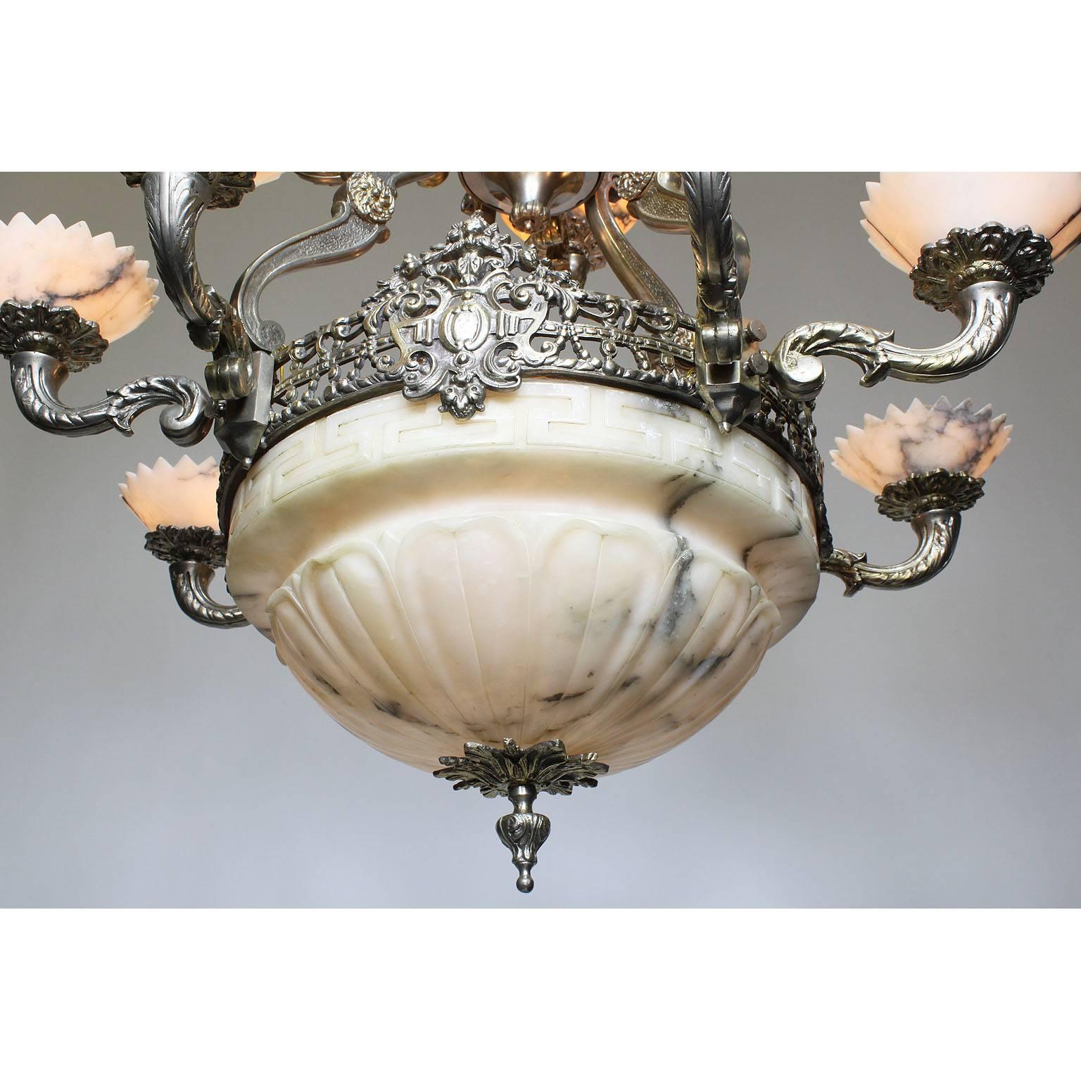 Carved Early 20th Century Art-Deco Silvered Bronze & Alabaster Two-Tier Chandelier For Sale