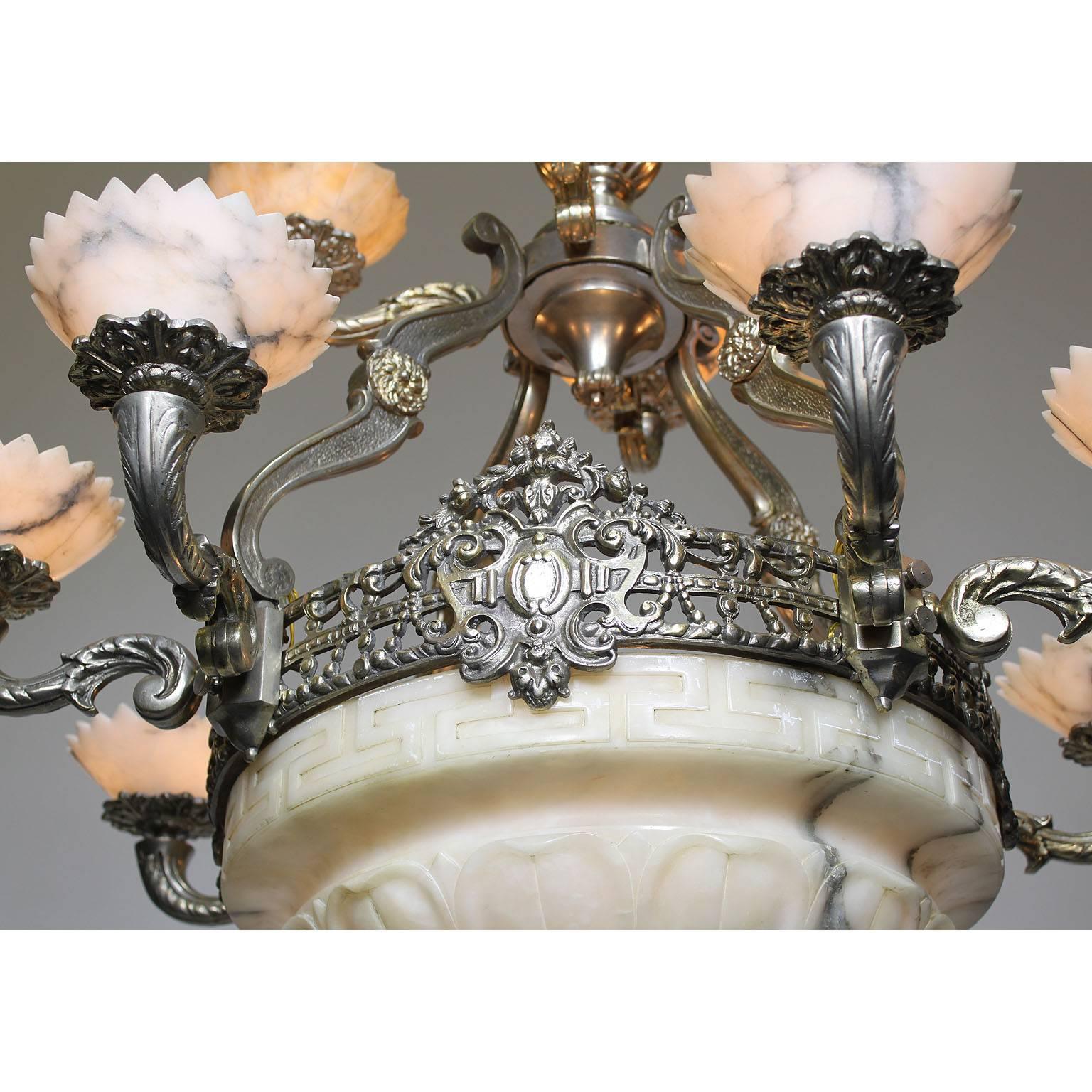 Early 20th Century Art-Deco Silvered Bronze & Alabaster Two-Tier Chandelier In Good Condition For Sale In Los Angeles, CA