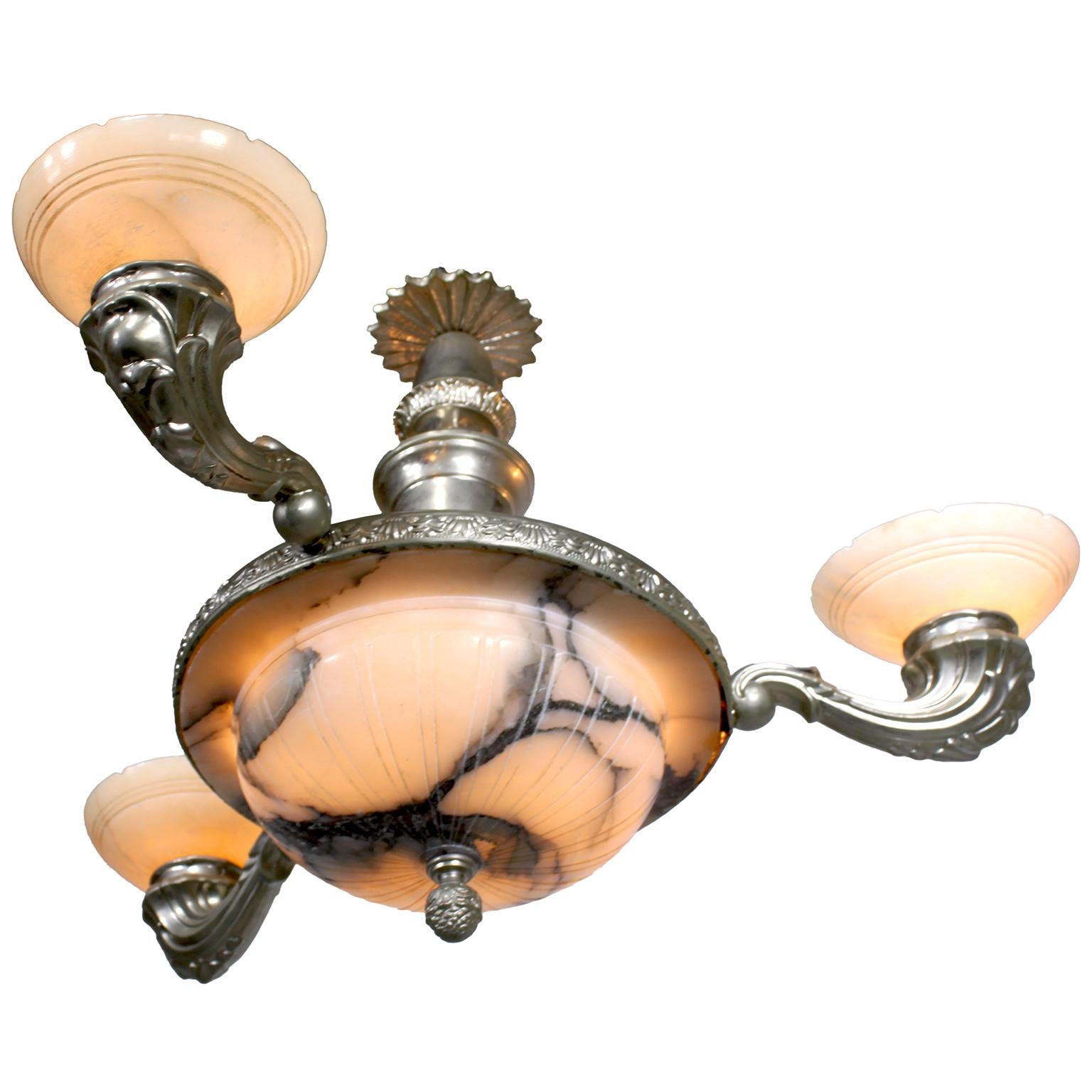 French Early 20th Century Art Deco Silvered Metal & Carved Alabaster Chandelier In Good Condition For Sale In Los Angeles, CA