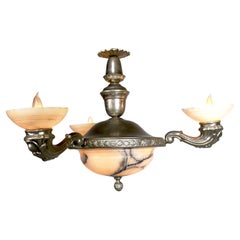 French Early 20th Century Art Deco Silvered Metal & Carved Alabaster Chandelier