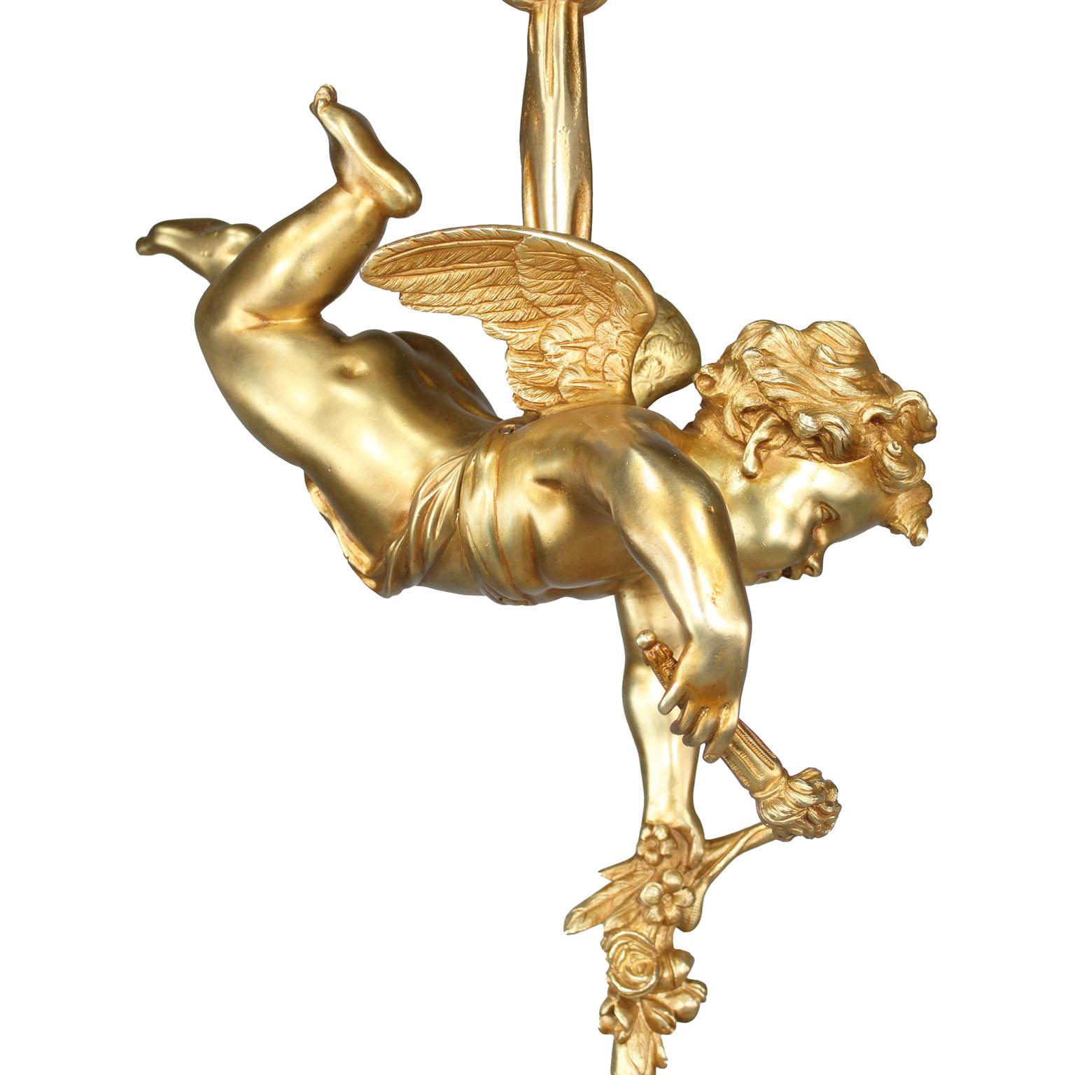 Französisch Anfang des 20. Jahrhunderts Belle Époque 4-Light Bronze Cherub Chandelier Pendelleuchte im Angebot 3
