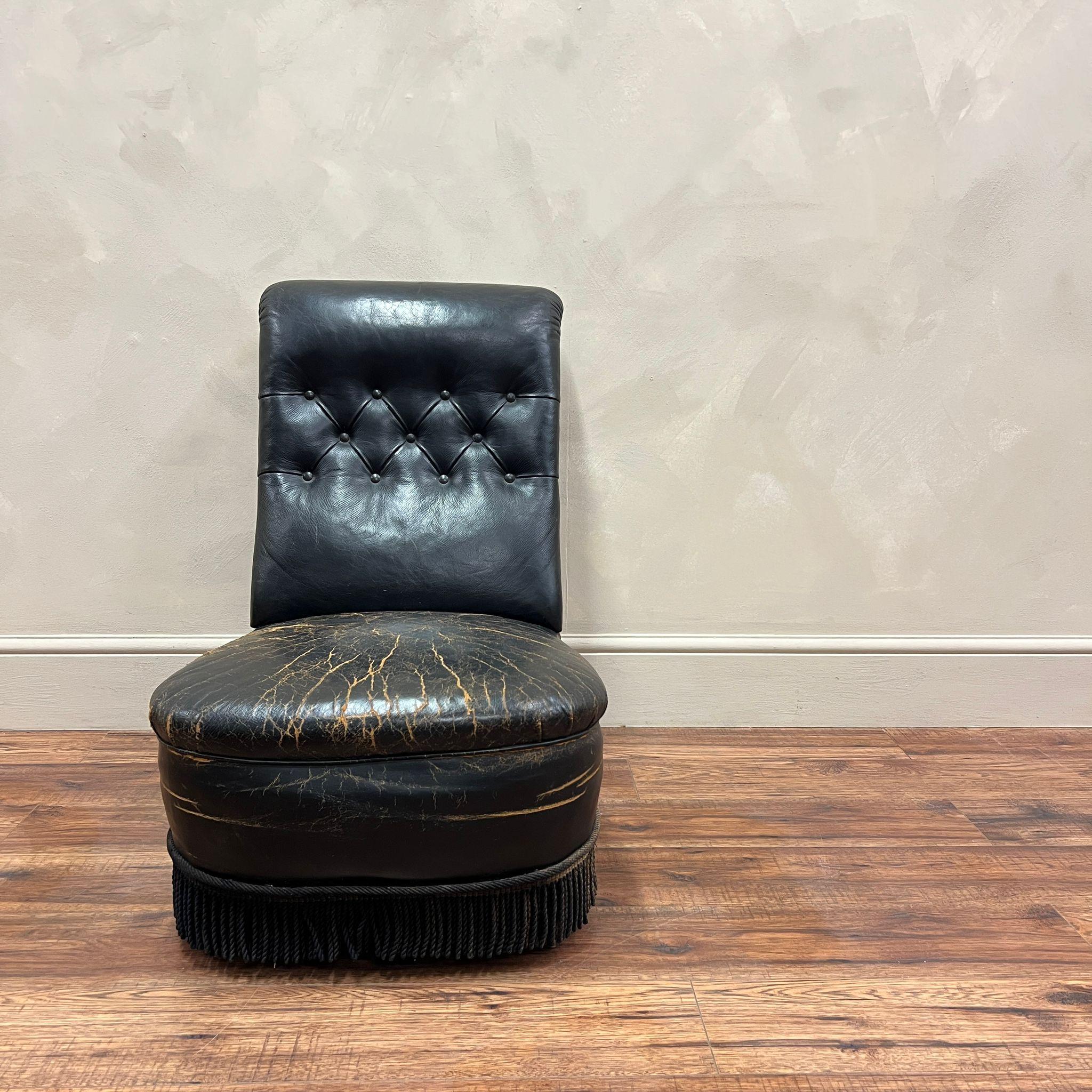 French Early 20th Century, Black Leather Slipper Chair For Sale 8
