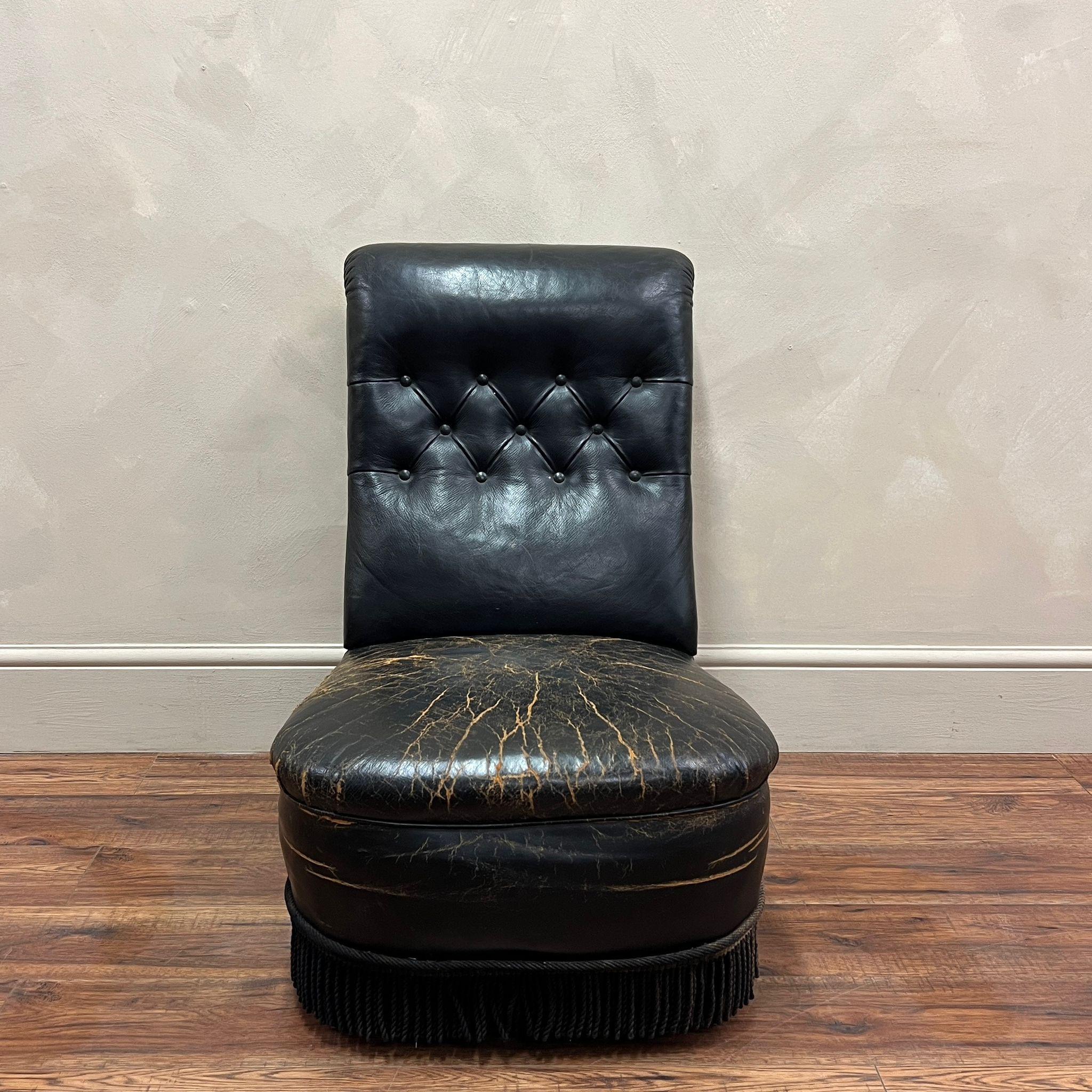 French Early 20th Century, Black Leather Slipper Chair For Sale 9