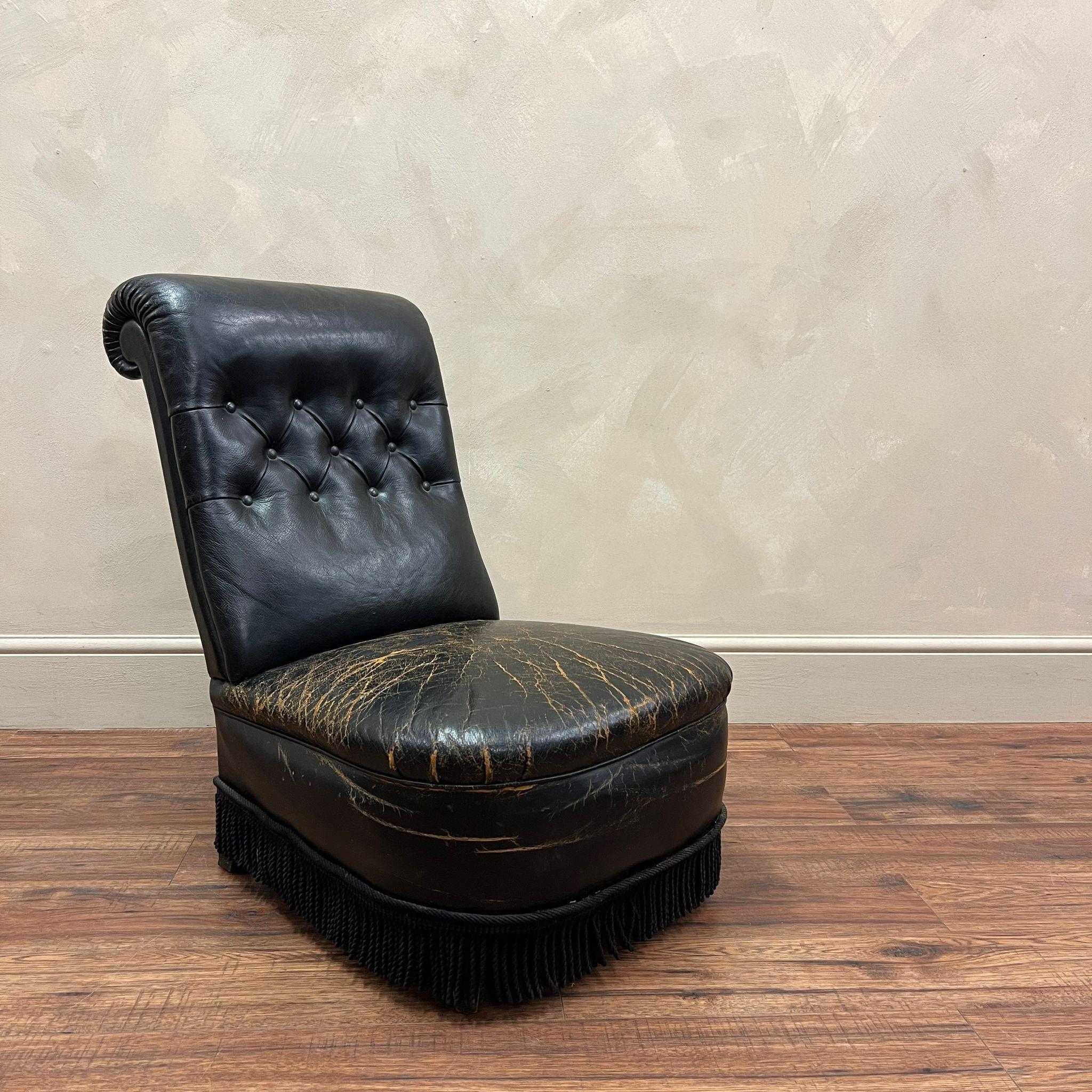 Hand-Crafted French Early 20th Century, Black Leather Slipper Chair For Sale