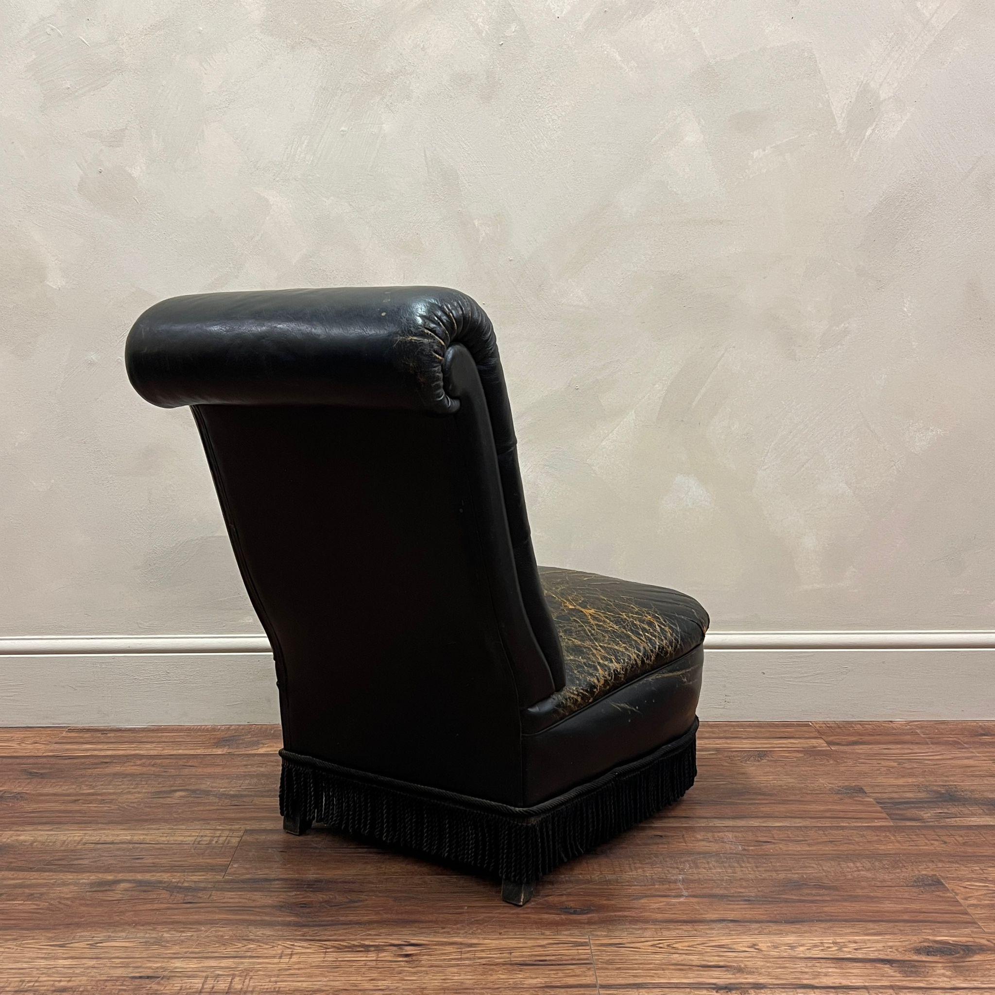 French Early 20th Century, Black Leather Slipper Chair For Sale 1
