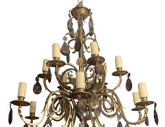 French Early 20th Century Brass and Bronze Chandelier w Mixed Cut Crystal Colors