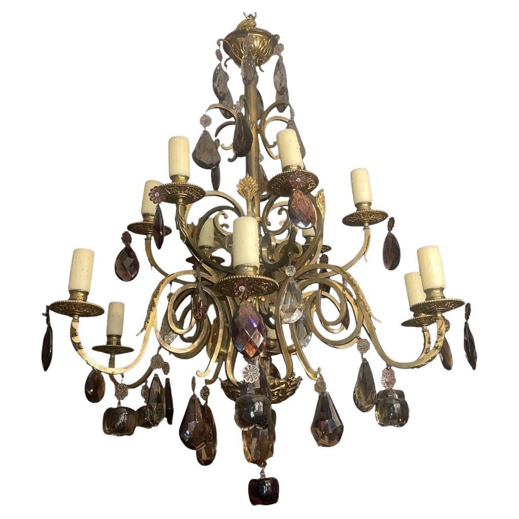 French Early 20th Century Brass and Bronze Chandelier w Mixed Cut Crystal Colors For Sale