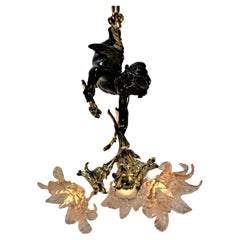 French Early 20th Century Bronze and Blown Glass Chandelier