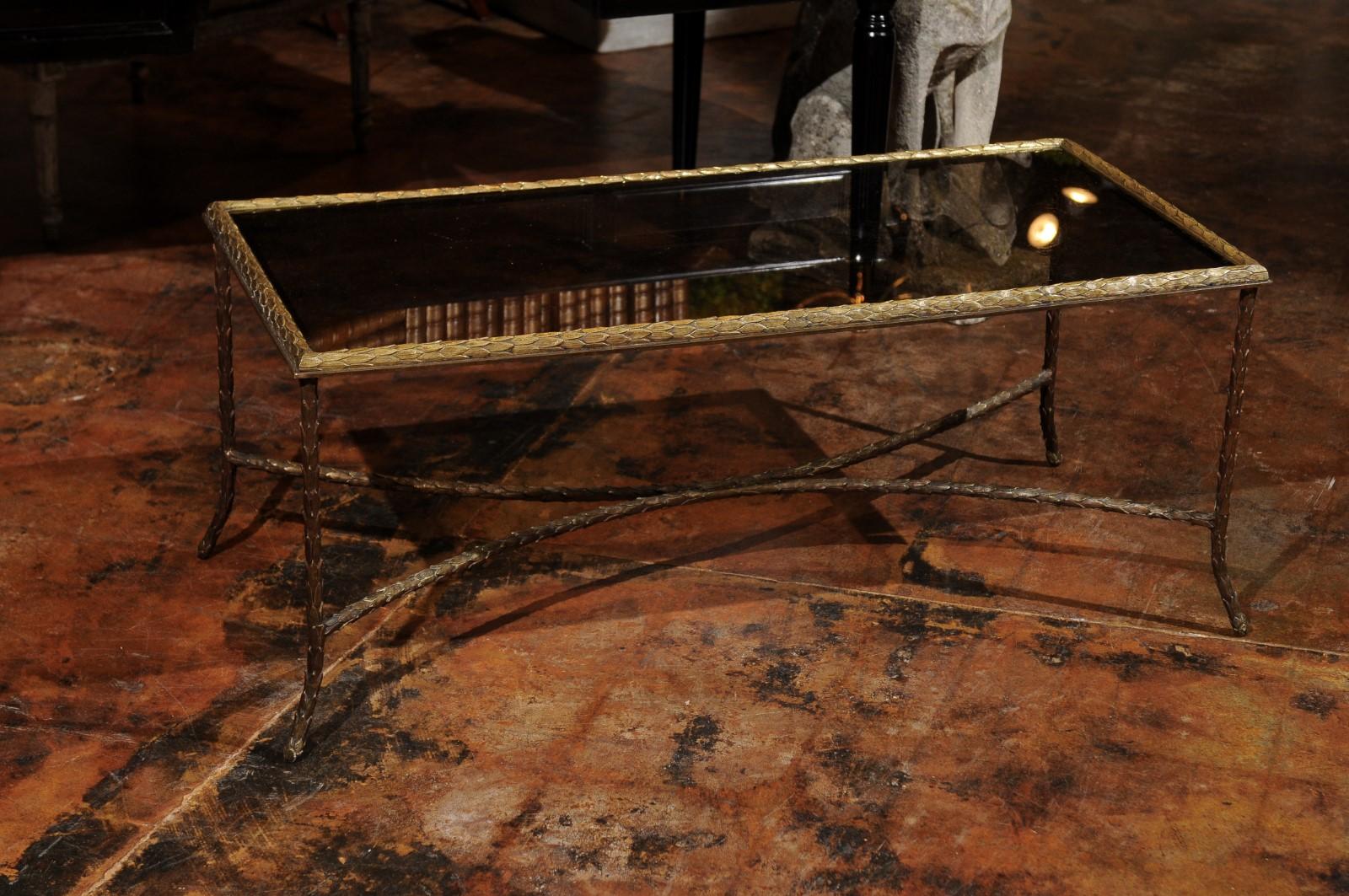 French 20th Century Bronze Coffee Table with Leafy Motifs and Glass Top In Good Condition In Atlanta, GA