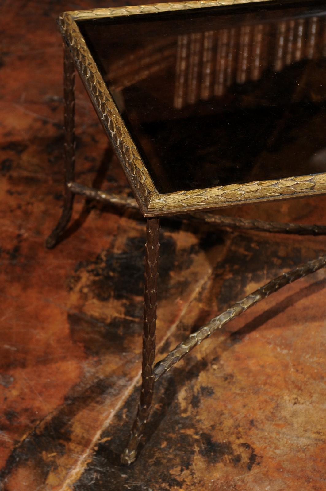 French 20th Century Bronze Coffee Table with Leafy Motifs and Glass Top 1