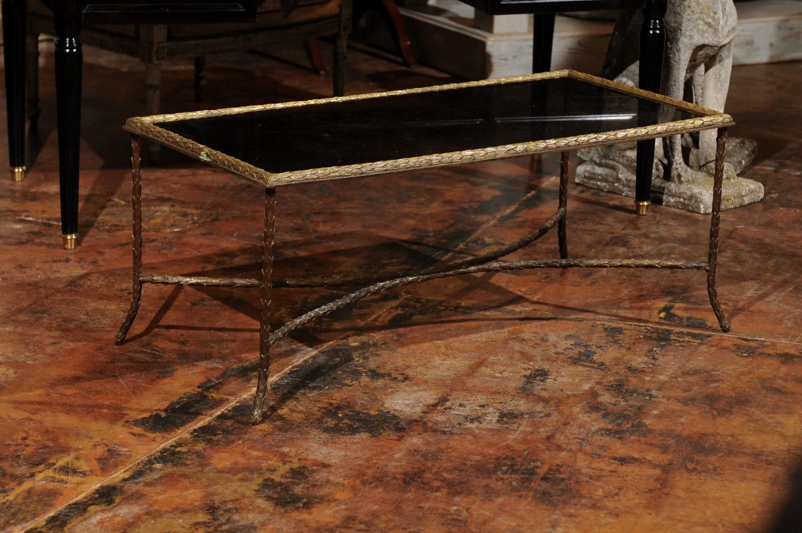 French 20th Century Bronze Coffee Table with Leafy Motifs and Glass Top 4