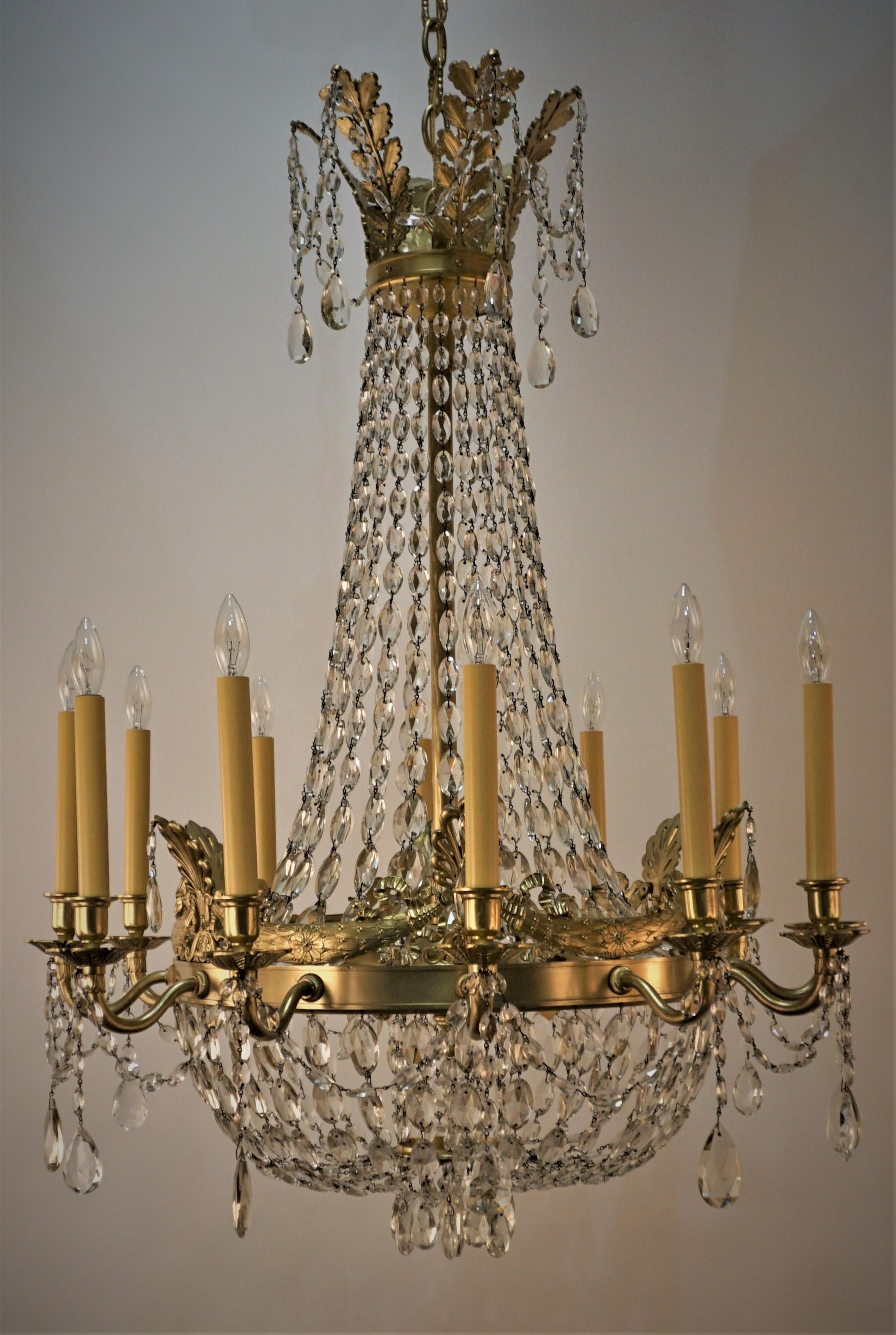 French Early 20th Century Crystal and Bronze Empire Chandelier 11