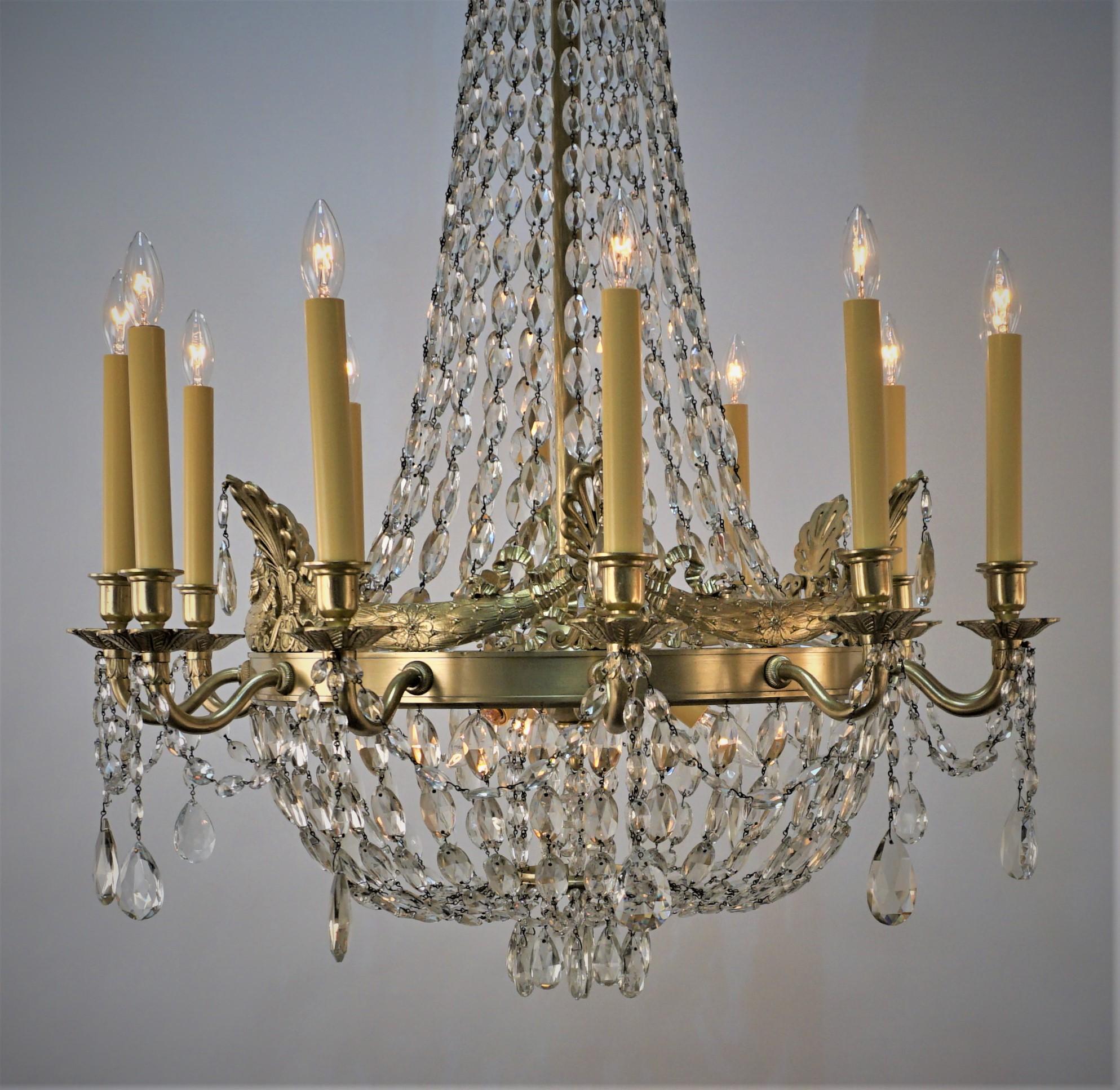 French Early 20th Century Crystal and Bronze Empire Chandelier In Good Condition In Fairfax, VA