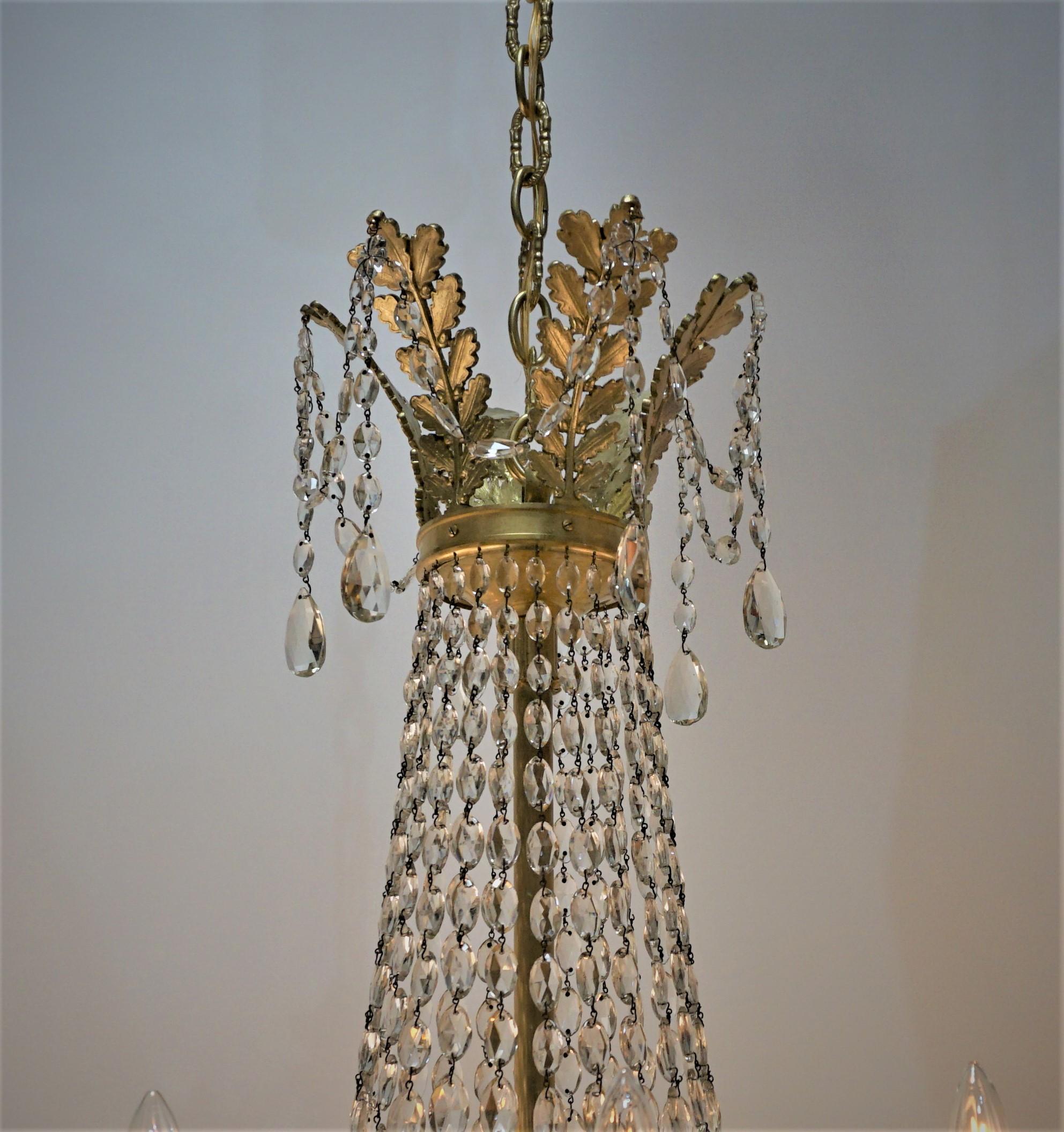 French Early 20th Century Crystal and Bronze Empire Chandelier 1