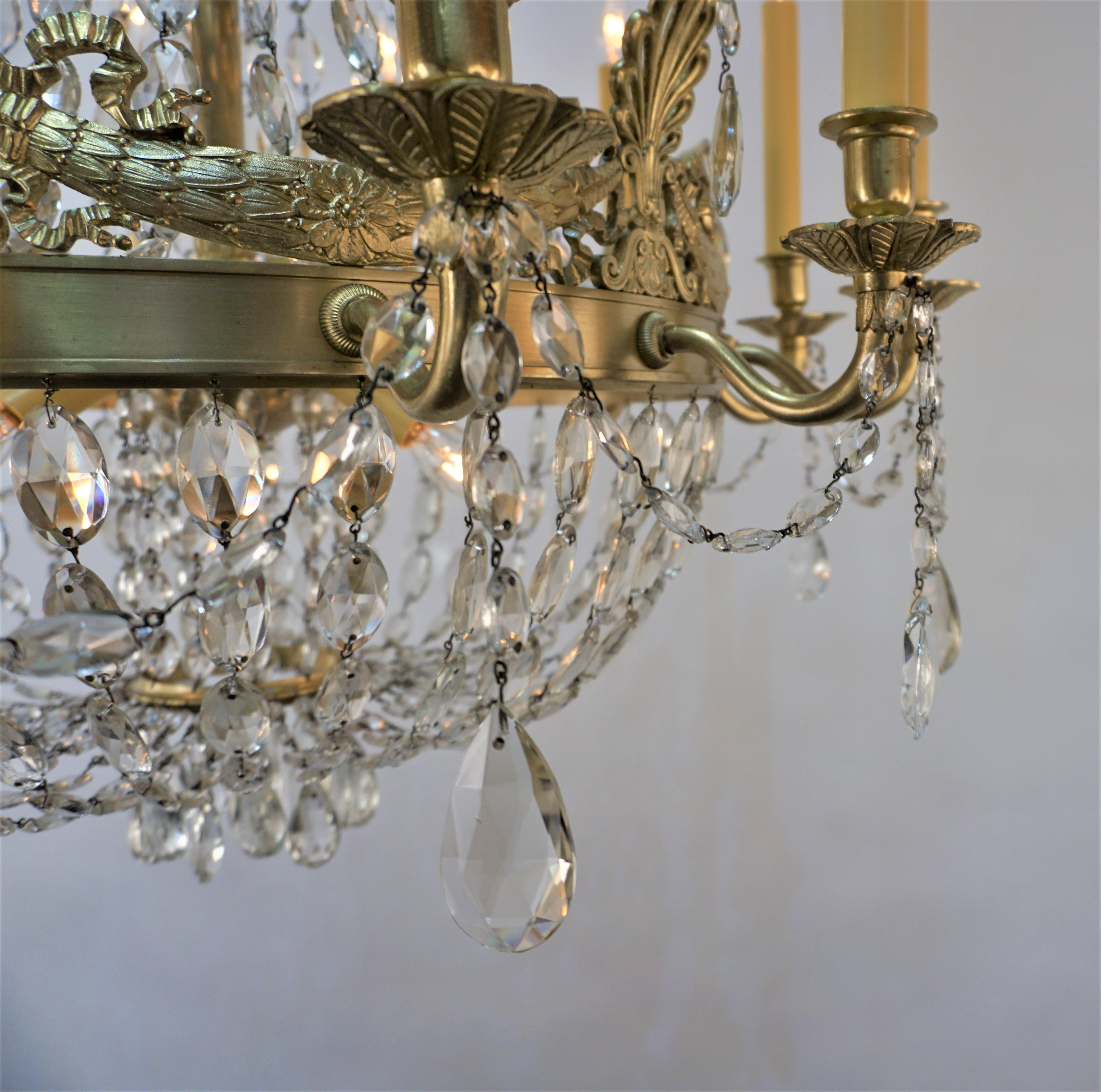 French Early 20th Century Crystal and Bronze Empire Chandelier 4