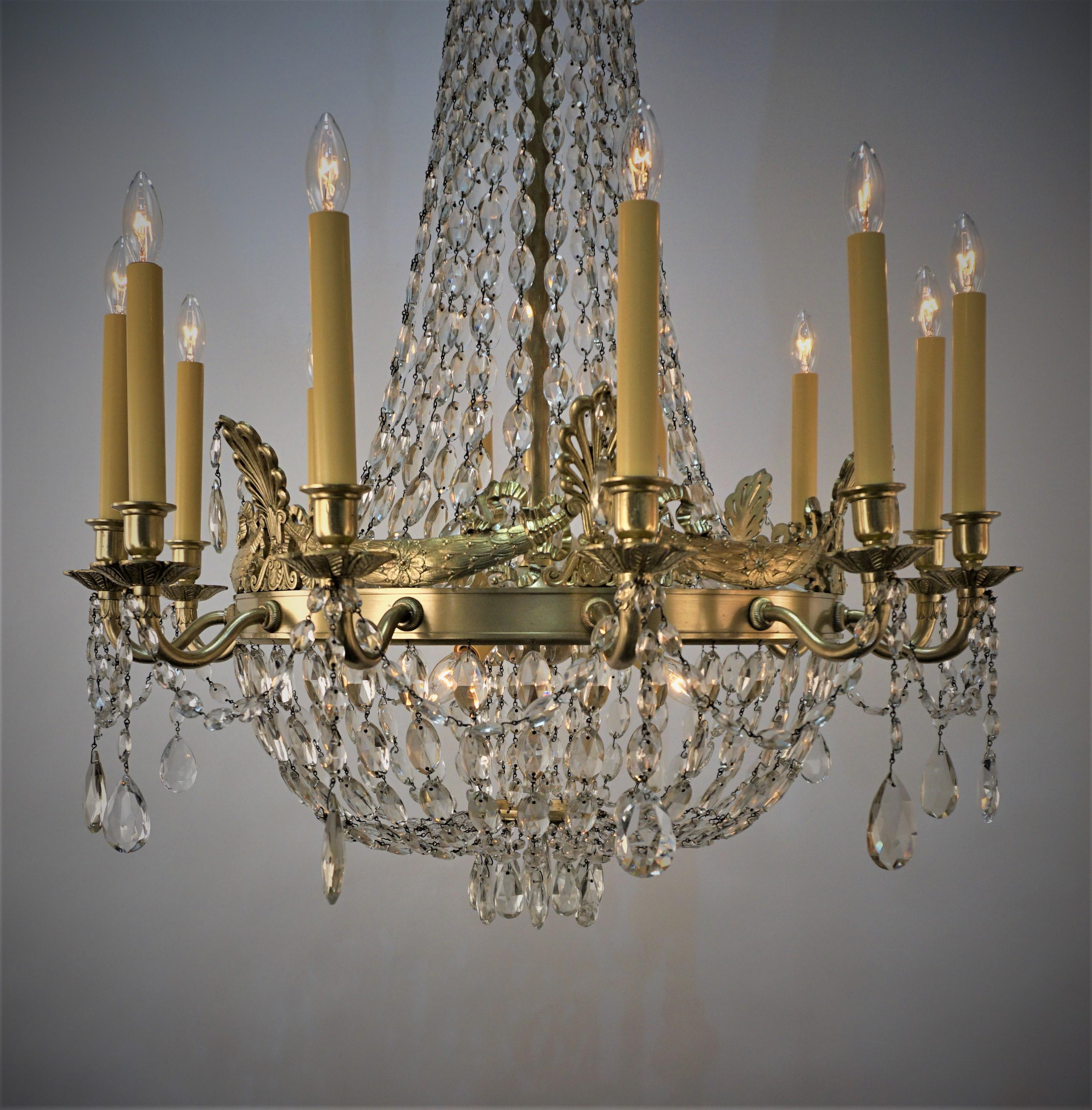 French Early 20th Century Crystal and Bronze Empire Chandelier 6