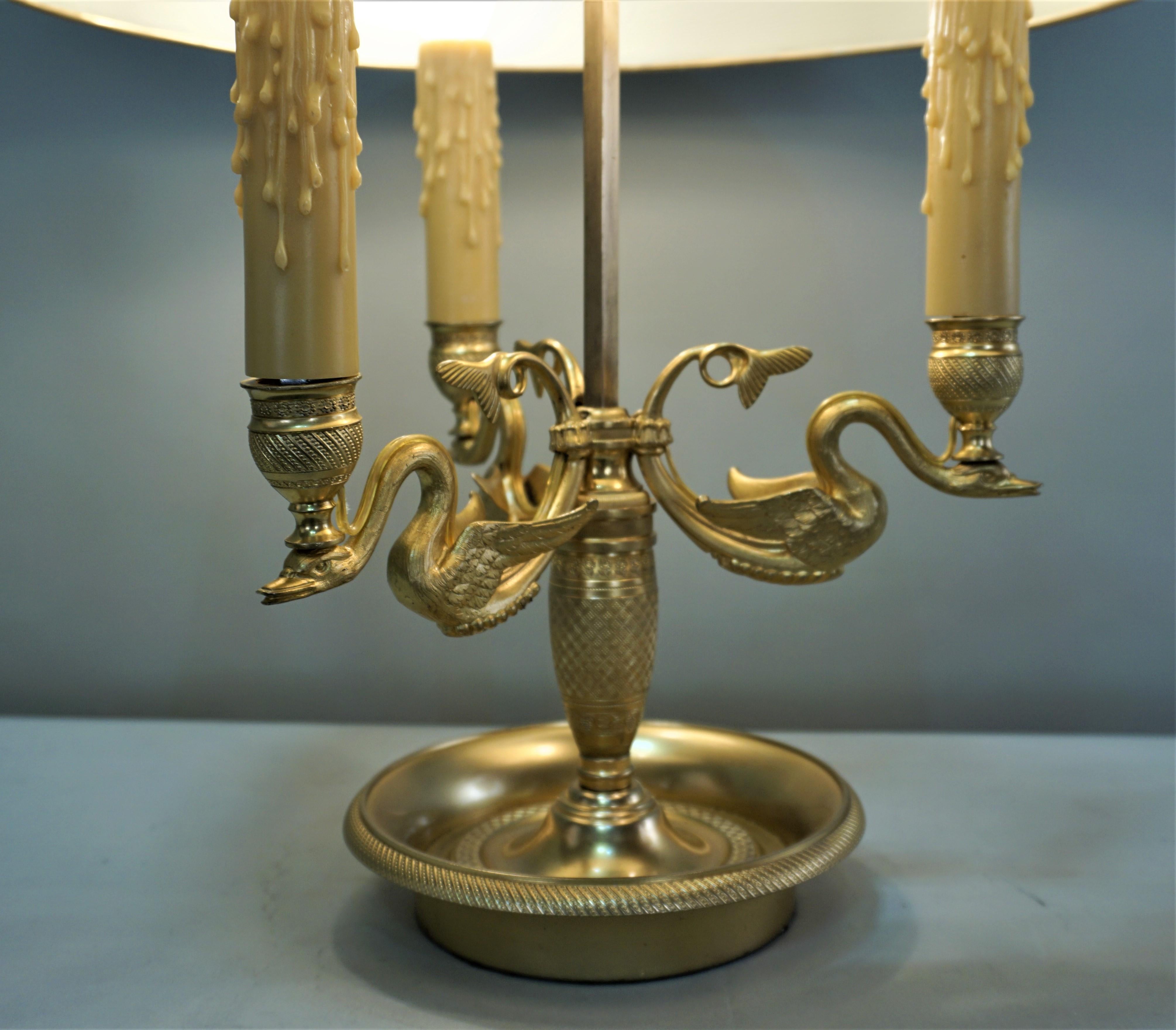 Early 20th century three swan arms dore bronze French bouillotte desk lamp.