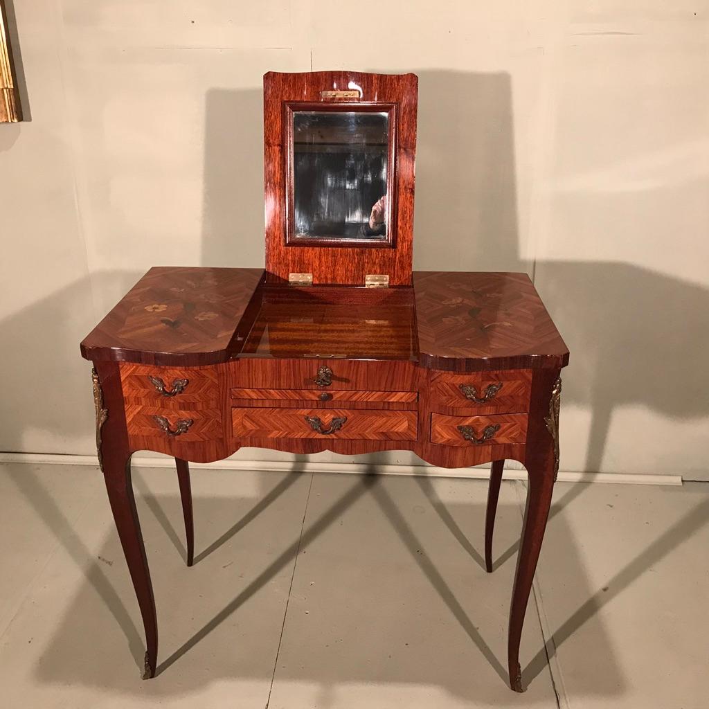 French Early 20th Century Dressing Table with Lift Up Mirror with Marquetry 1