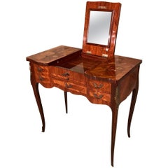 Antique French Early 20th Century Dressing Table with Lift Up Mirror with Marquetry