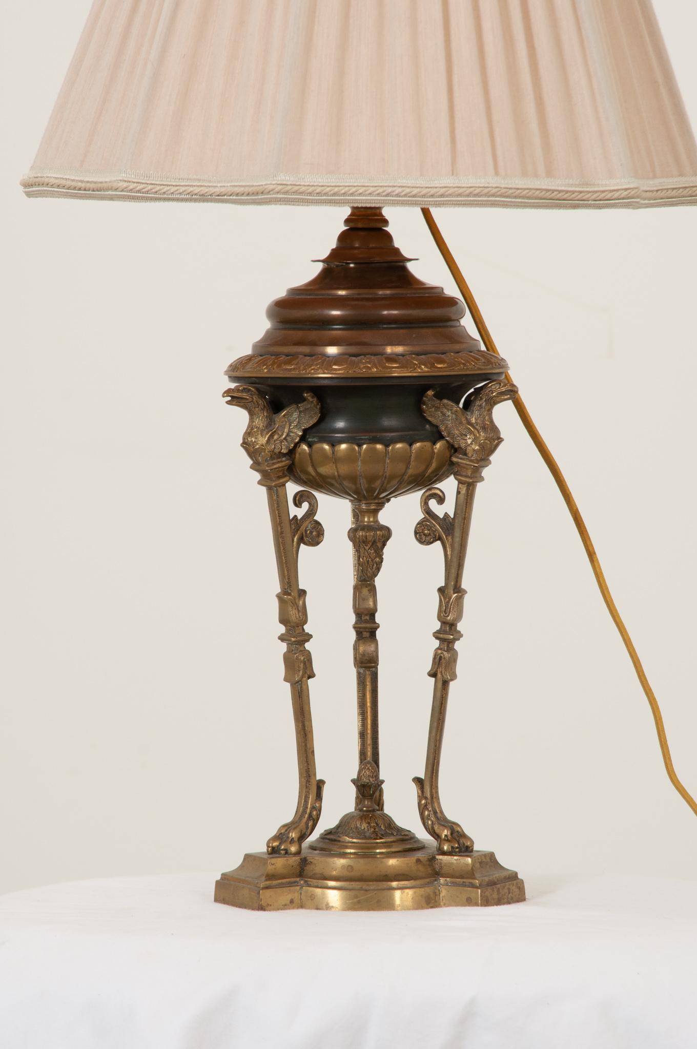 French Early 20th Century Empire Brass and Bronze Table Lamp and Shade For Sale 1