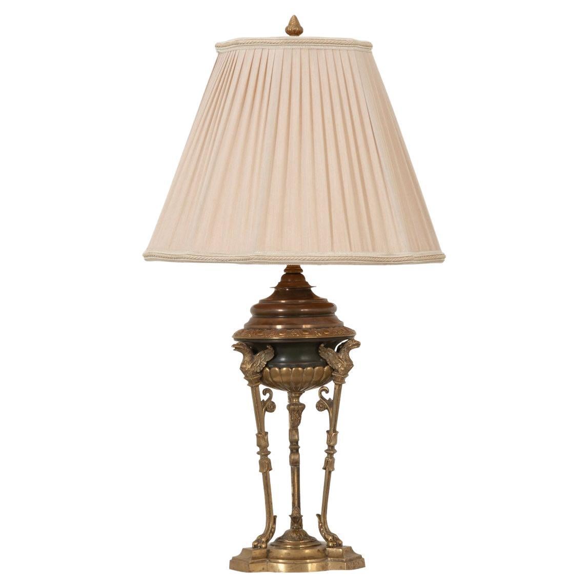 French Early 20th Century Empire Brass and Bronze Table Lamp and Shade