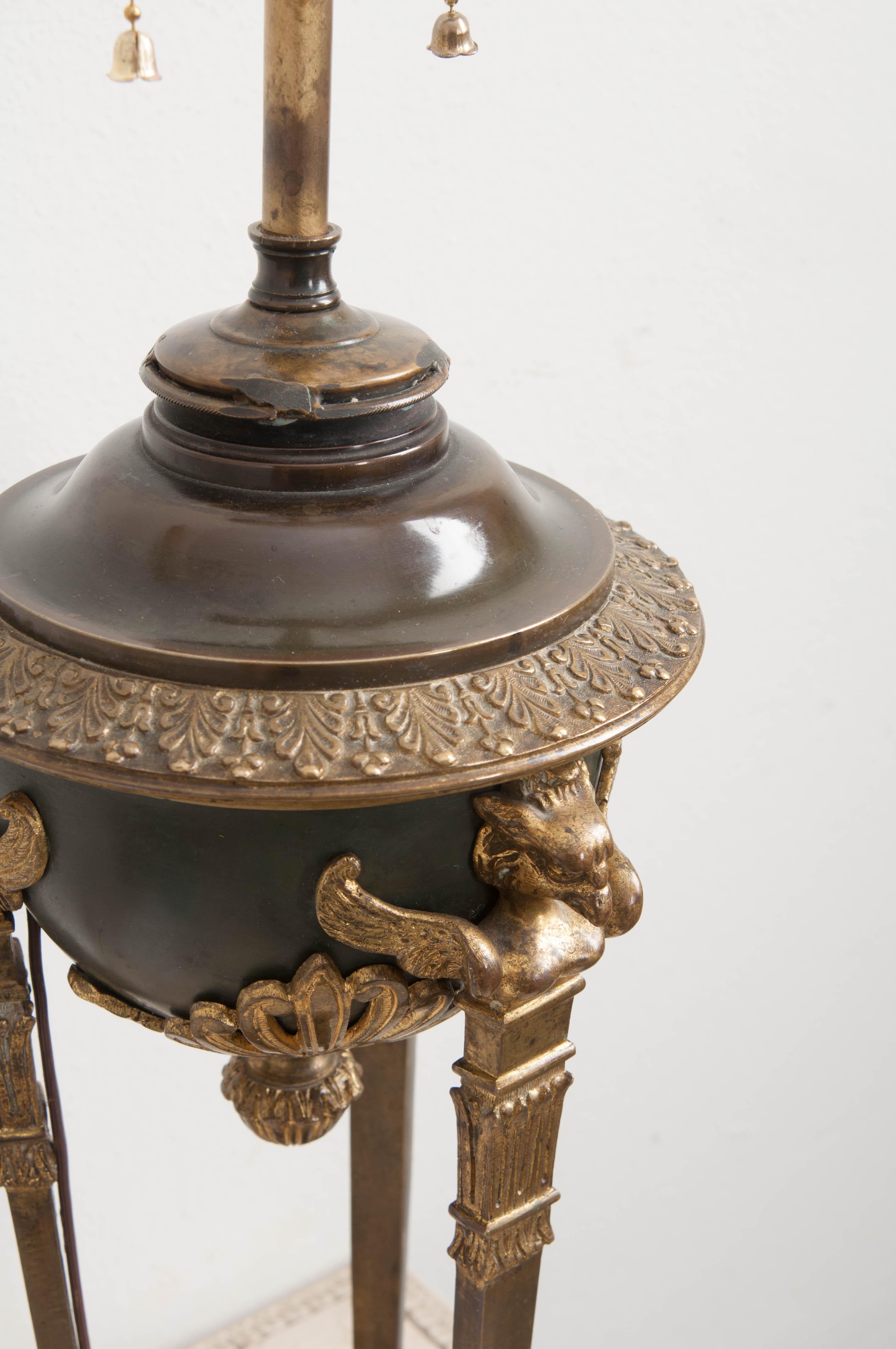 Fabric French Early 20th Century Empire Brass and Bronze Table Lamp and Shade For Sale