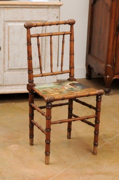 French Early 20th Century Faux Bamboo Chair with Chicken and Rooster Painting