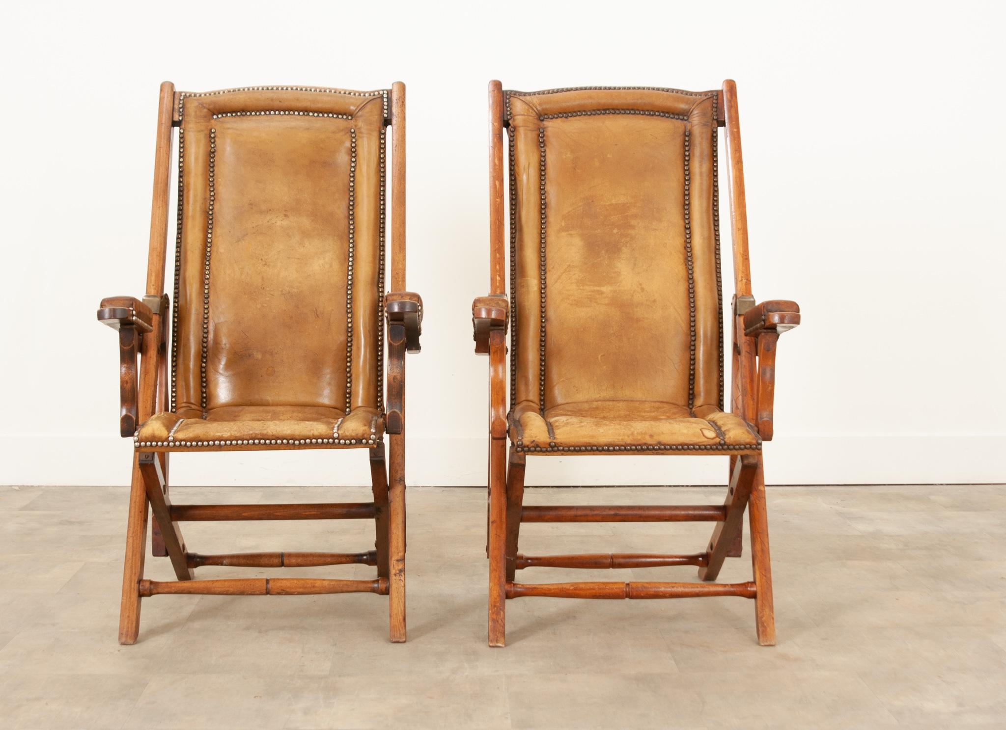 Hand-Carved French Early 20th Century Folding Campaign Chairs