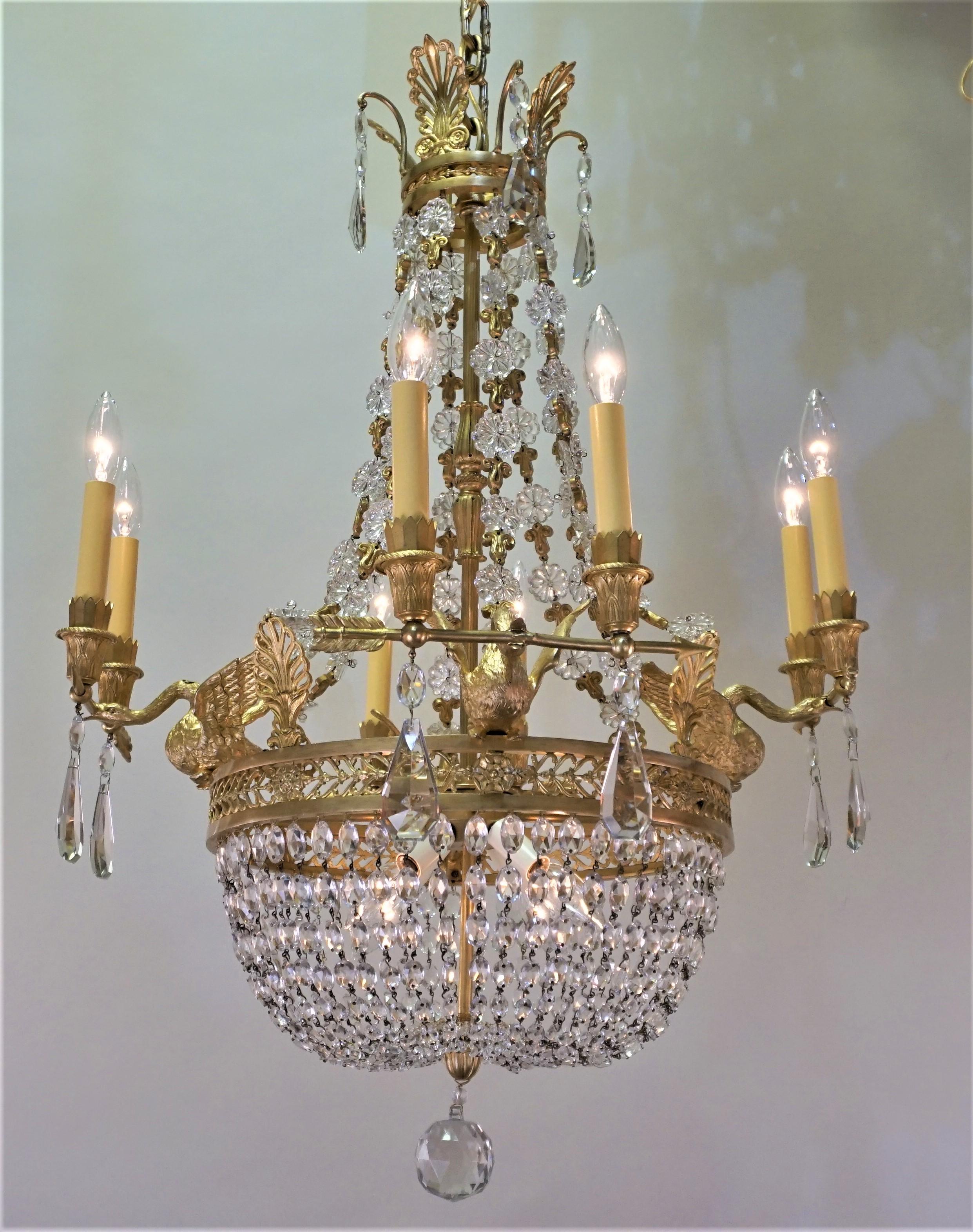 This magnificent crystal and bronze doré chandelier with four swans holding double candle light and graduate hand polished crystal chain.
Minimum height fully installed 42