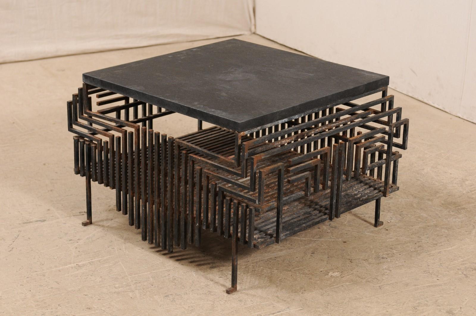 Modern French, Early 20th Century Iron Fireplace Grate Coffee Table with Granite Top