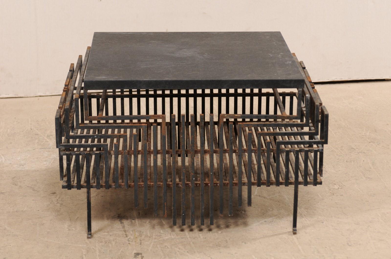 Patinated French, Early 20th Century Iron Fireplace Grate Coffee Table with Granite Top