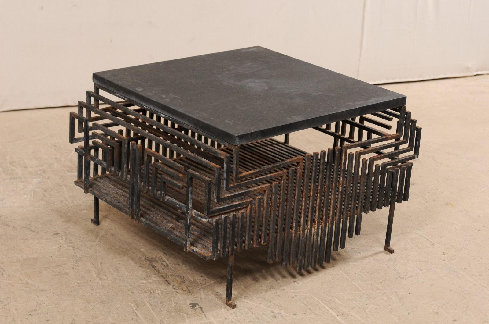 French, Early 20th Century Iron Fireplace Grate Coffee Table with Granite Top 3