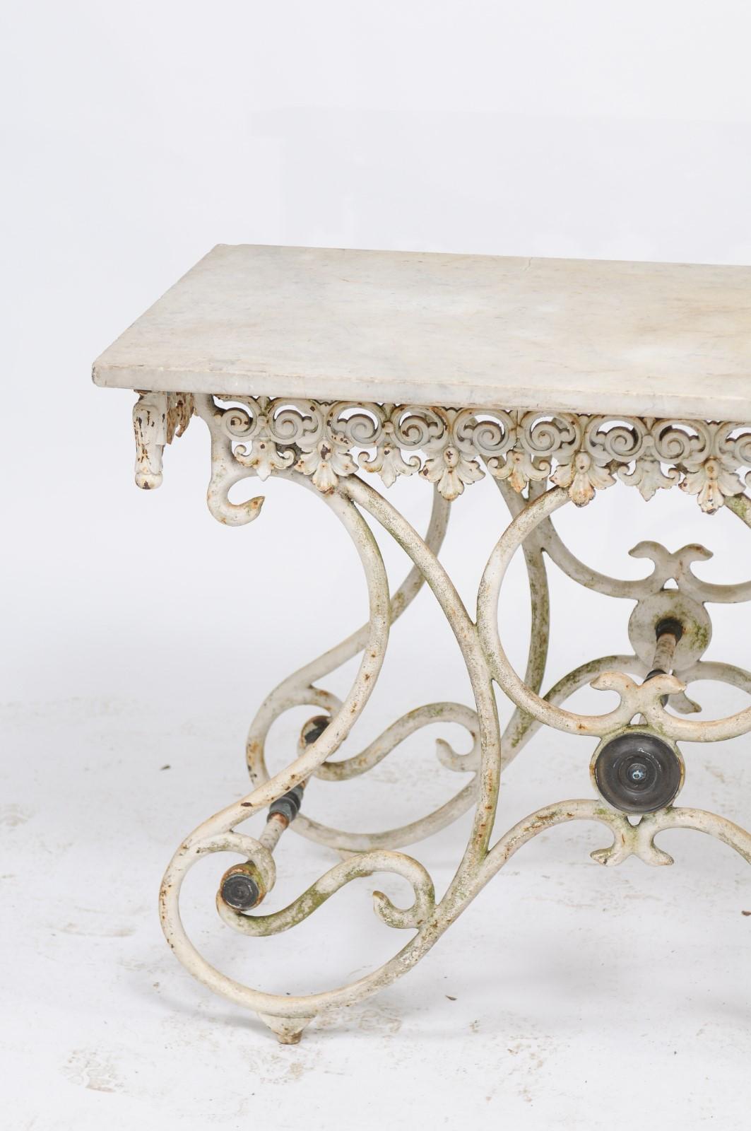 French Early 20th Century Marble Top Baker's Table with Scrolled Iron Base 5