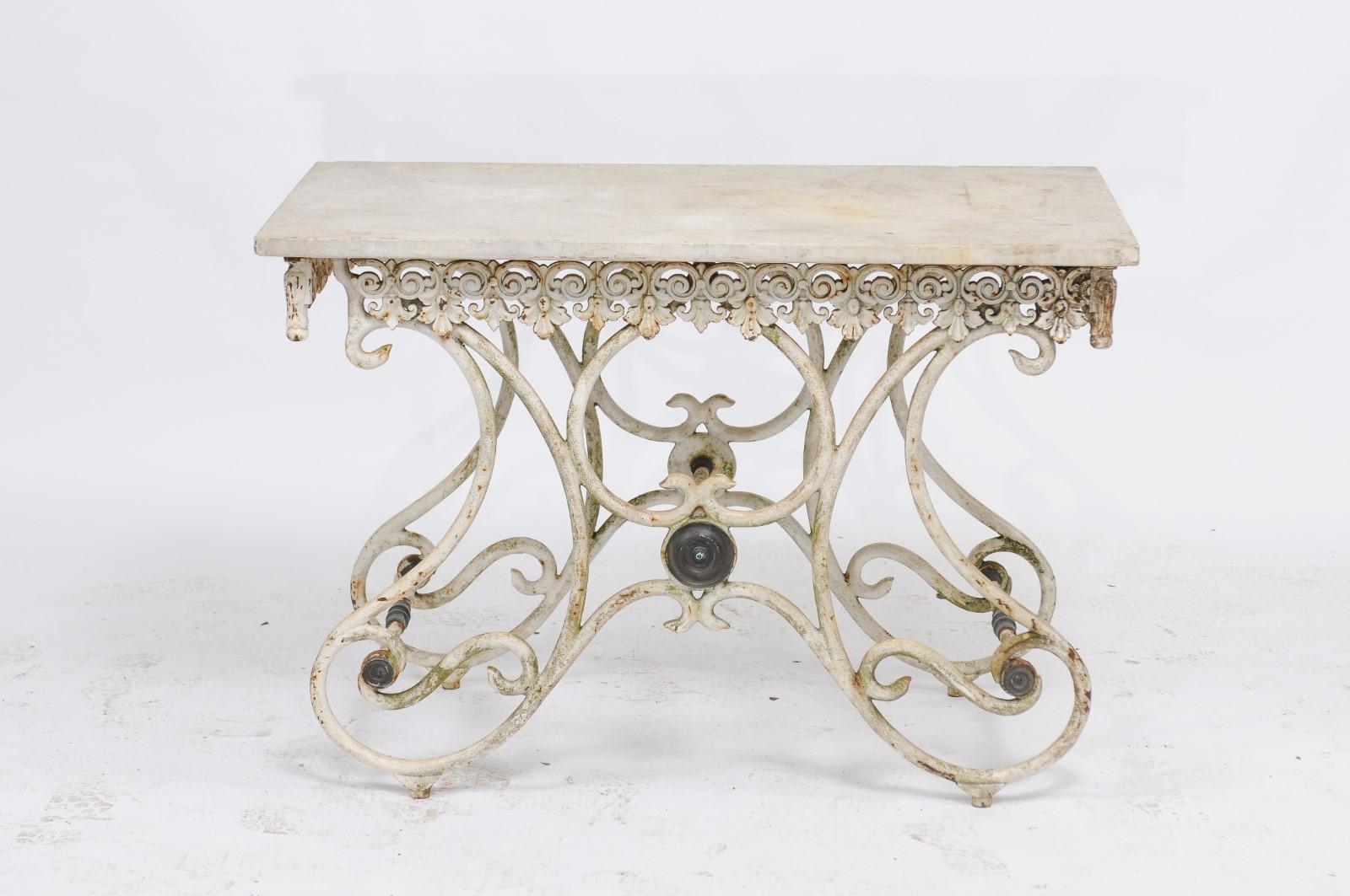 French Early 20th Century Marble Top Baker's Table with Scrolled Iron Base 5