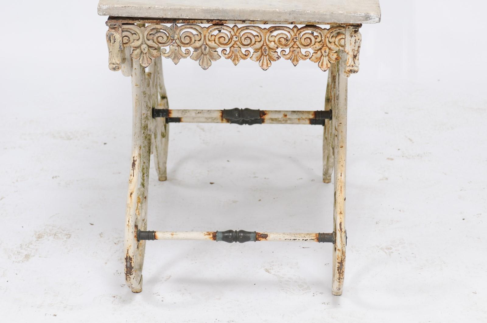 French Early 20th Century Marble Top Baker's Table with Scrolled Iron Base (Eisen)