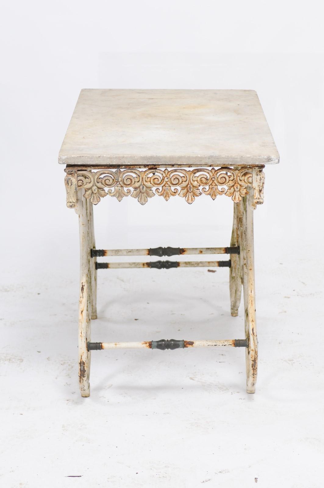 French Early 20th Century Marble Top Baker's Table with Scrolled Iron Base 1
