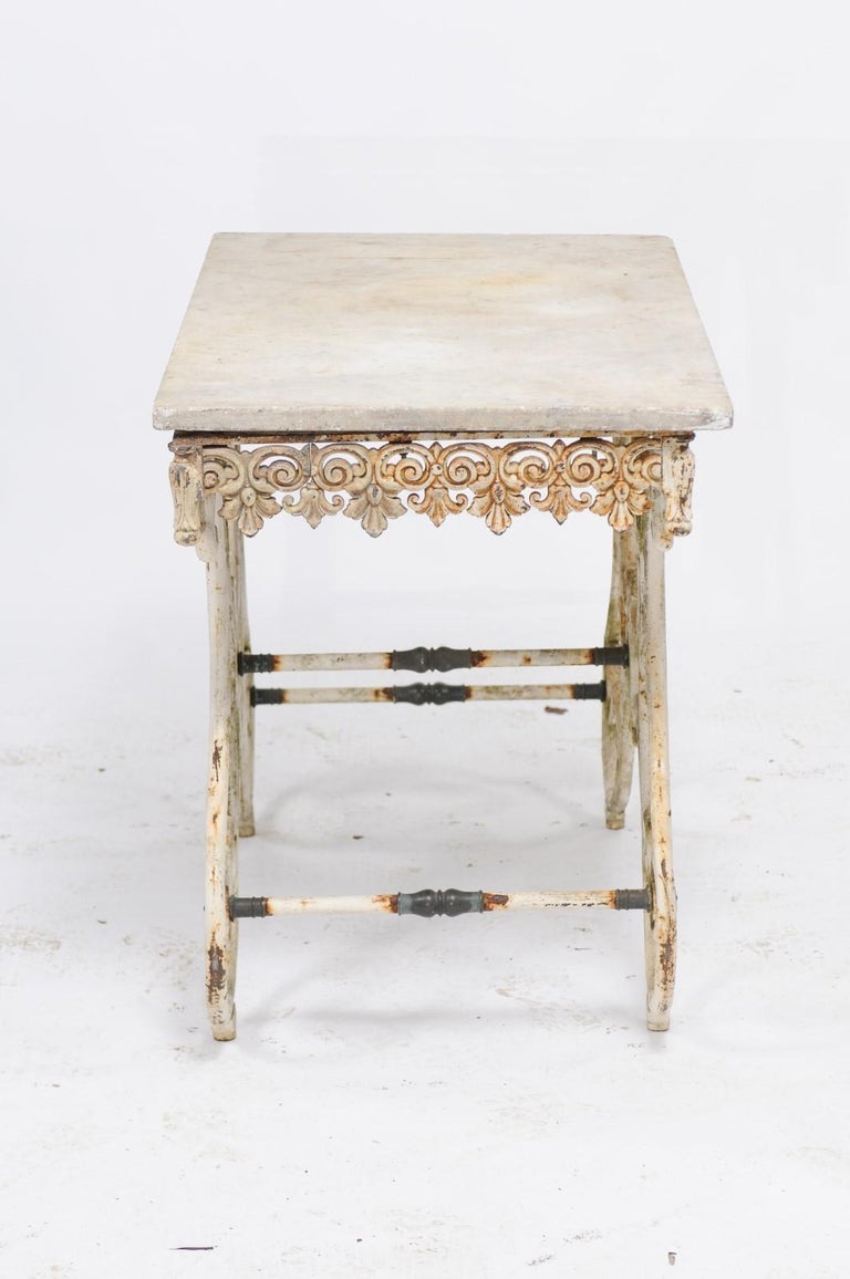 French Early 20th Century Marble Top Baker's Table with Scrolled Iron