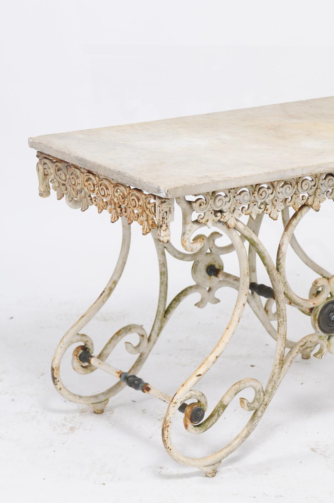 French Early 20th Century Marble Top Baker's Table with Scrolled Iron Base 2