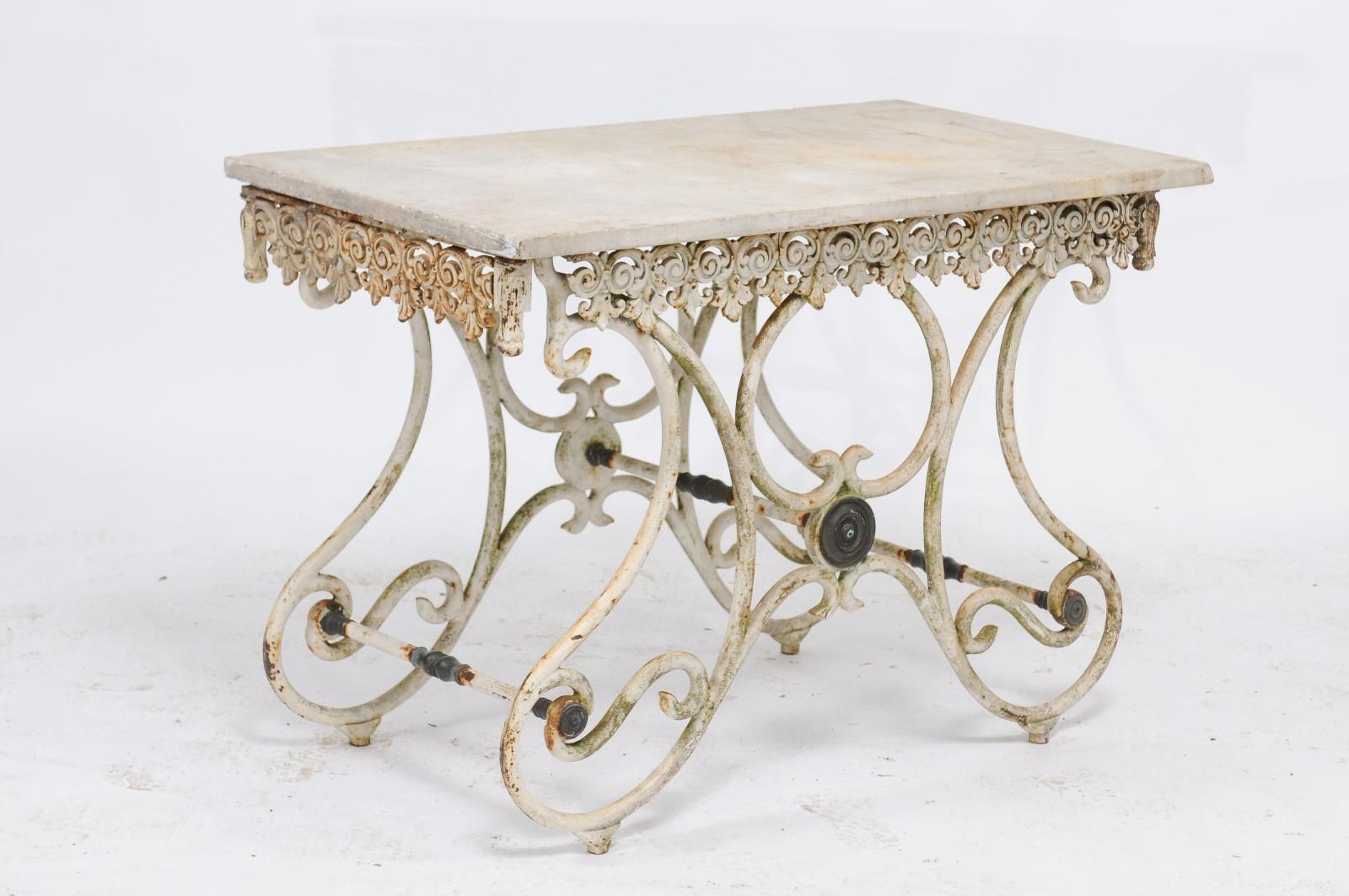 French Early 20th Century Marble Top Baker's Table with Scrolled Iron Base 3