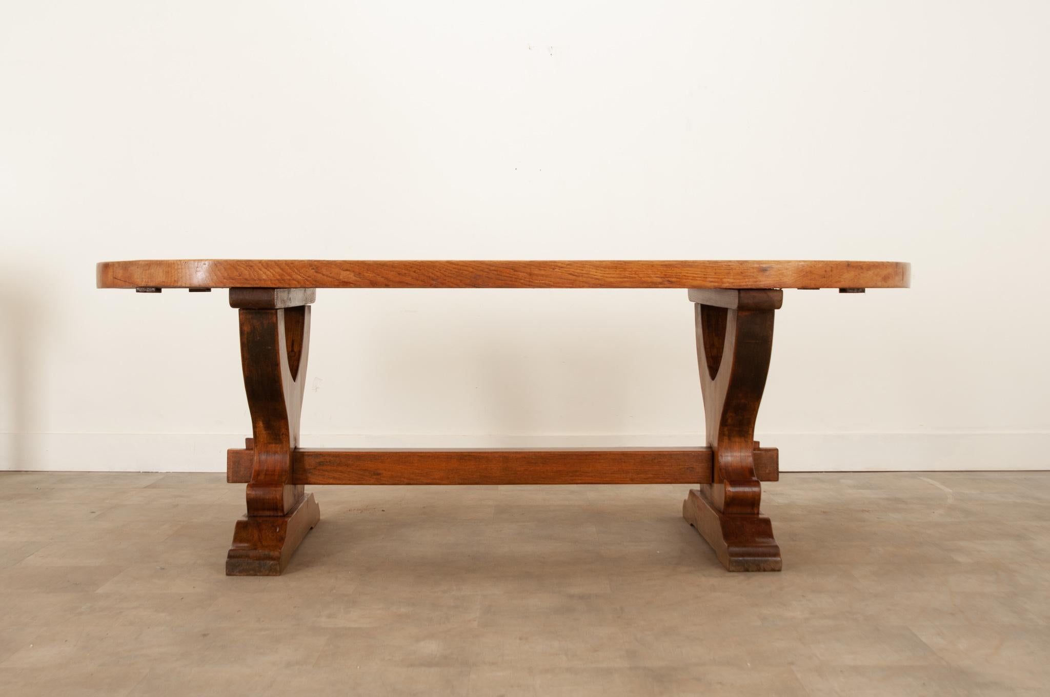 Patinated French Early 20th Century Oak Thick Top Dining Table
